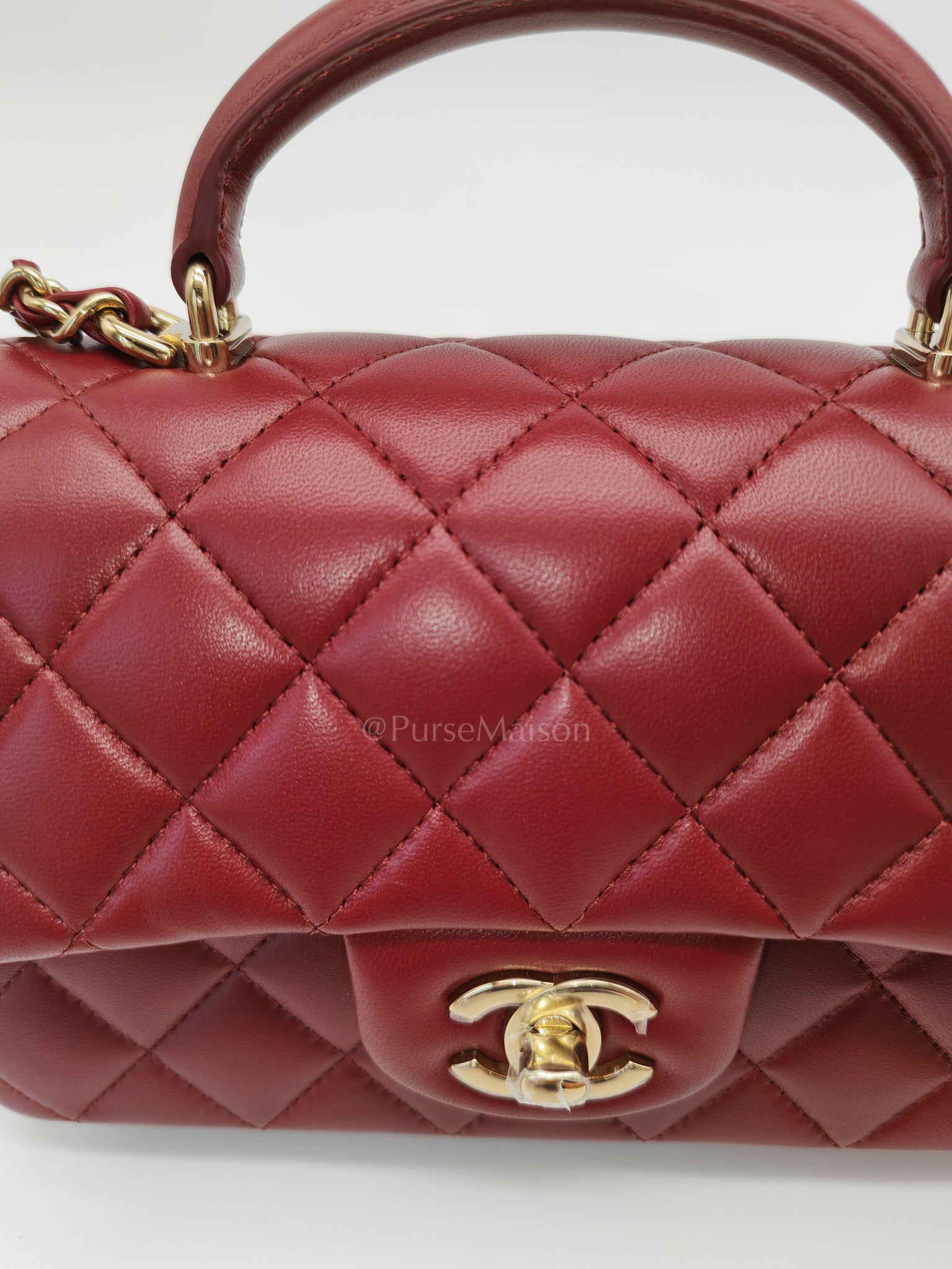 Mini Rectangle Top Handle in Burgundy Quilted Lambskin Leather and Light Gold Hardware (Microchip) | Purse Maison Luxury Bags Shop