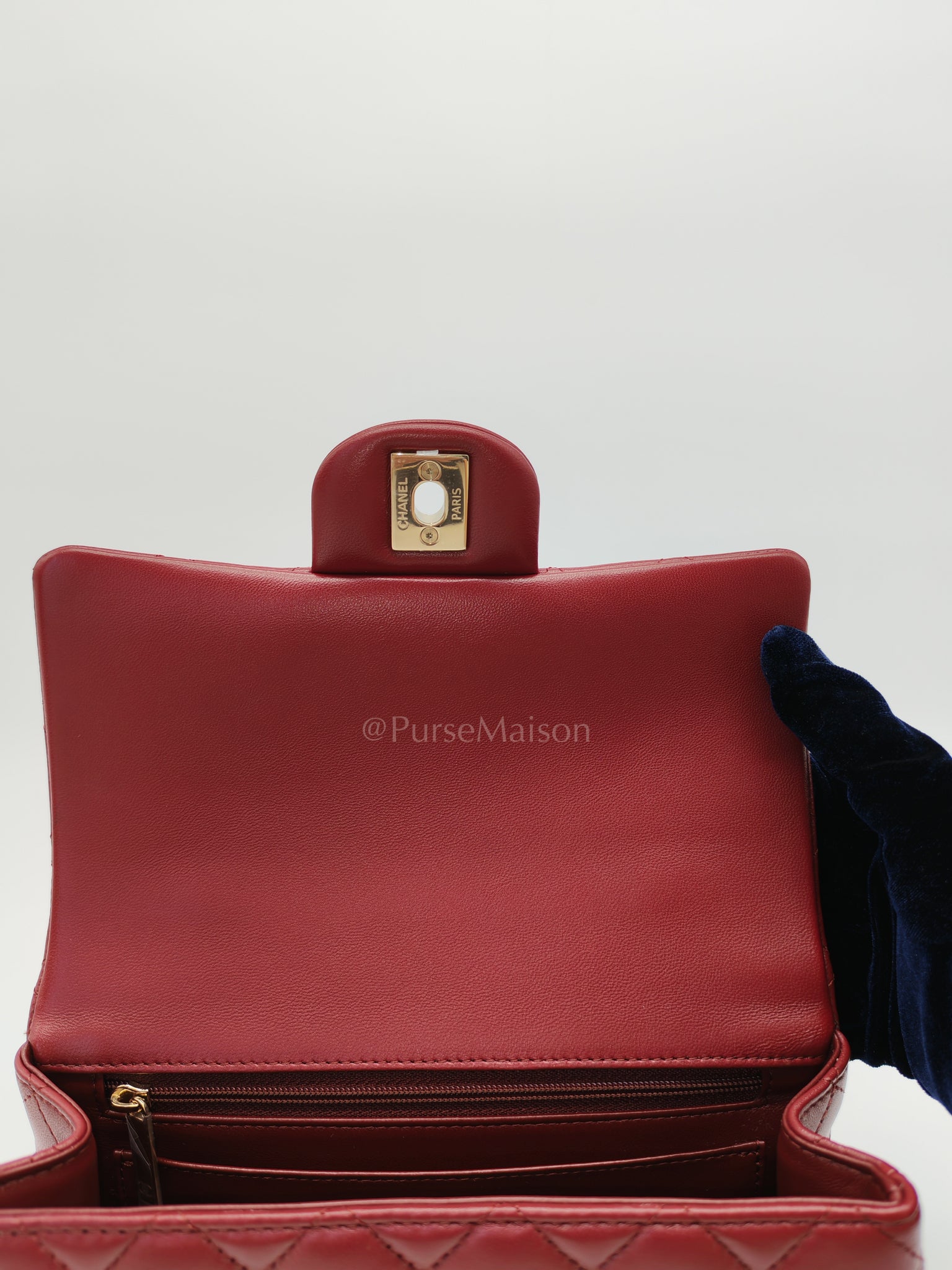 Mini Rectangle Top Handle in Burgundy Quilted Lambskin Leather and Light Gold Hardware (Microchip) | Purse Maison Luxury Bags Shop