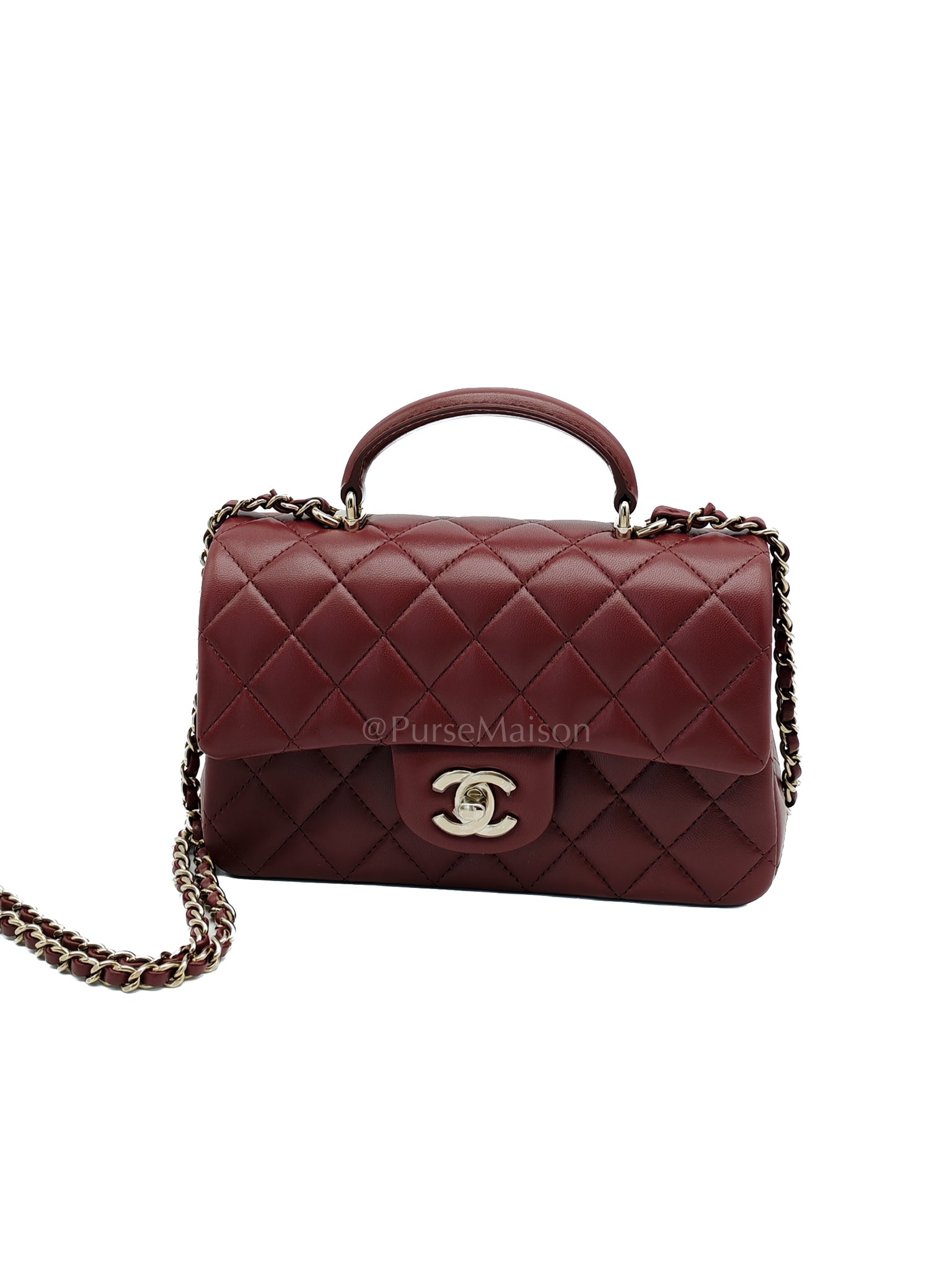 Mini Rectangle Top Handle in Burgundy Quilted Lambskin Leather and Light Gold Hardware (Microchip) | Purse Maison Luxury Bags Shop