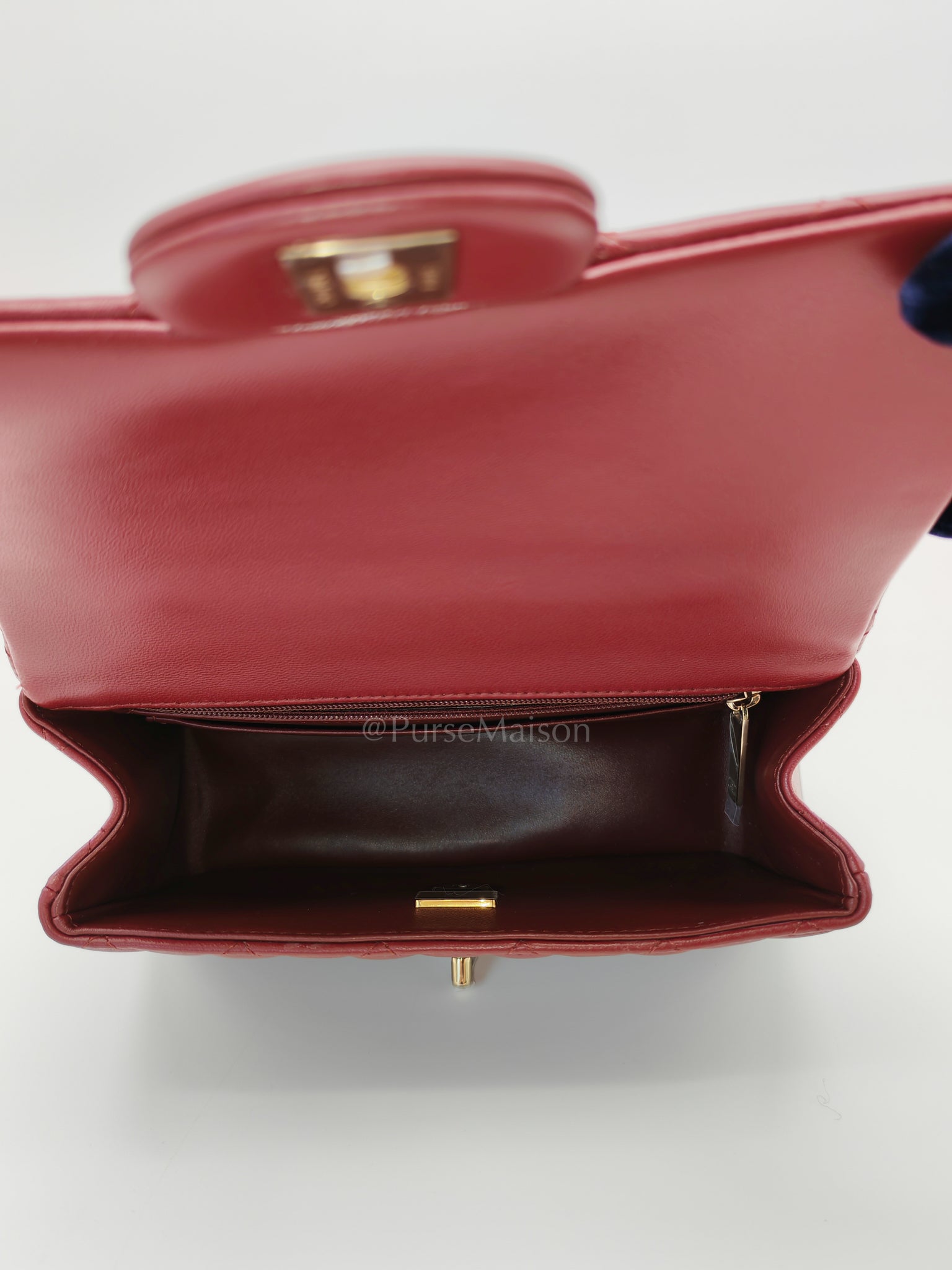 Mini Rectangle Top Handle in Burgundy Quilted Lambskin Leather and Light Gold Hardware (Microchip) | Purse Maison Luxury Bags Shop