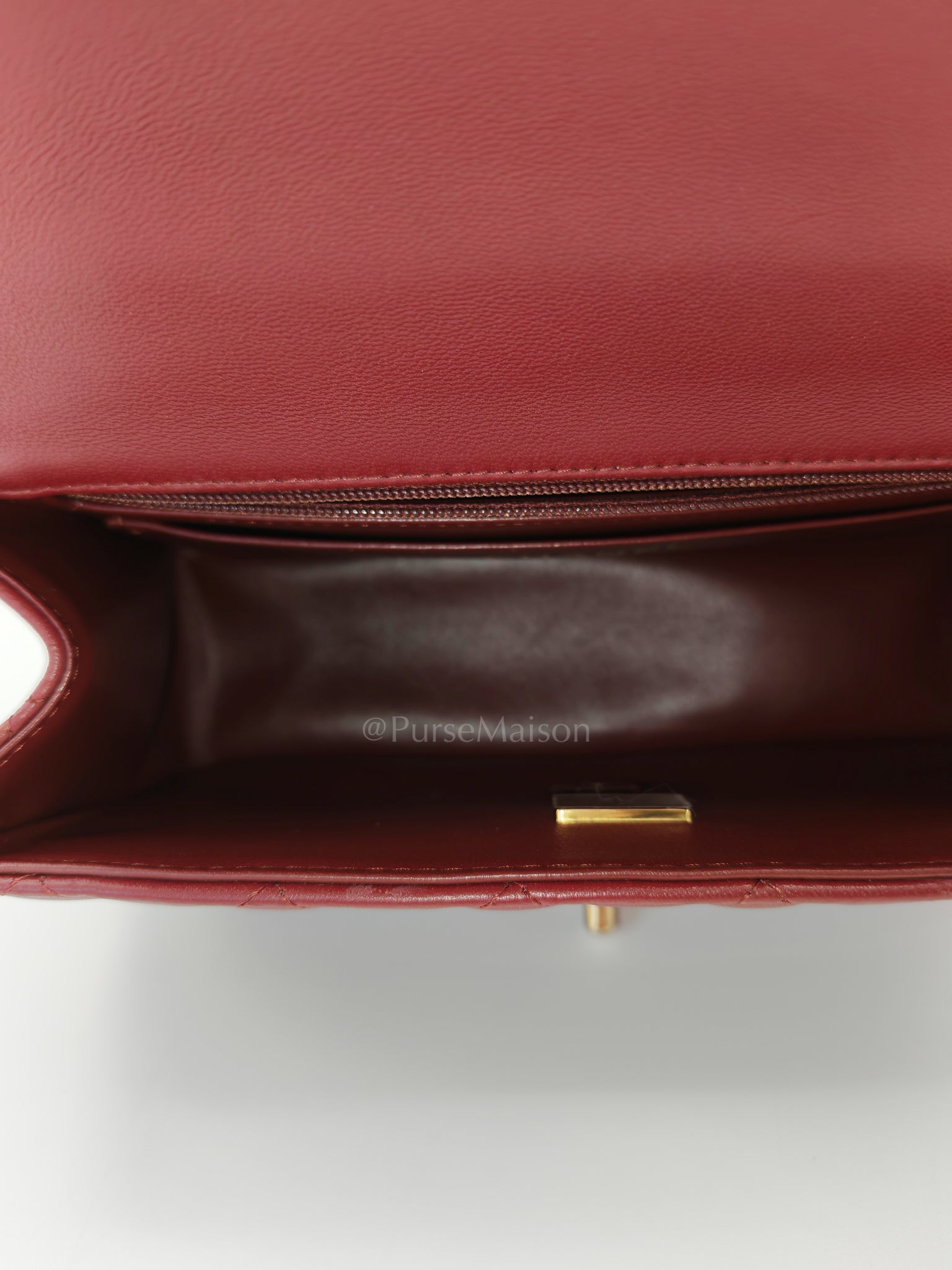 Mini Rectangle Top Handle in Burgundy Quilted Lambskin Leather and Light Gold Hardware (Microchip) | Purse Maison Luxury Bags Shop