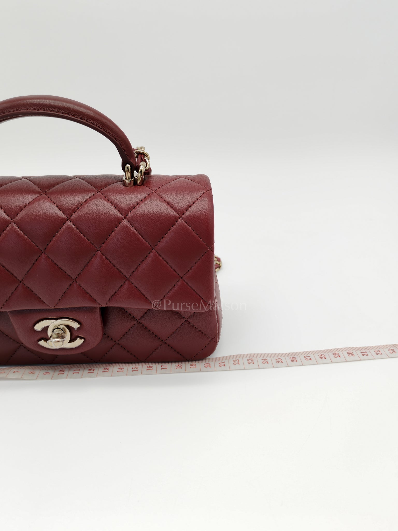 Mini Rectangle Top Handle in Burgundy Quilted Lambskin Leather and Light Gold Hardware (Microchip) | Purse Maison Luxury Bags Shop