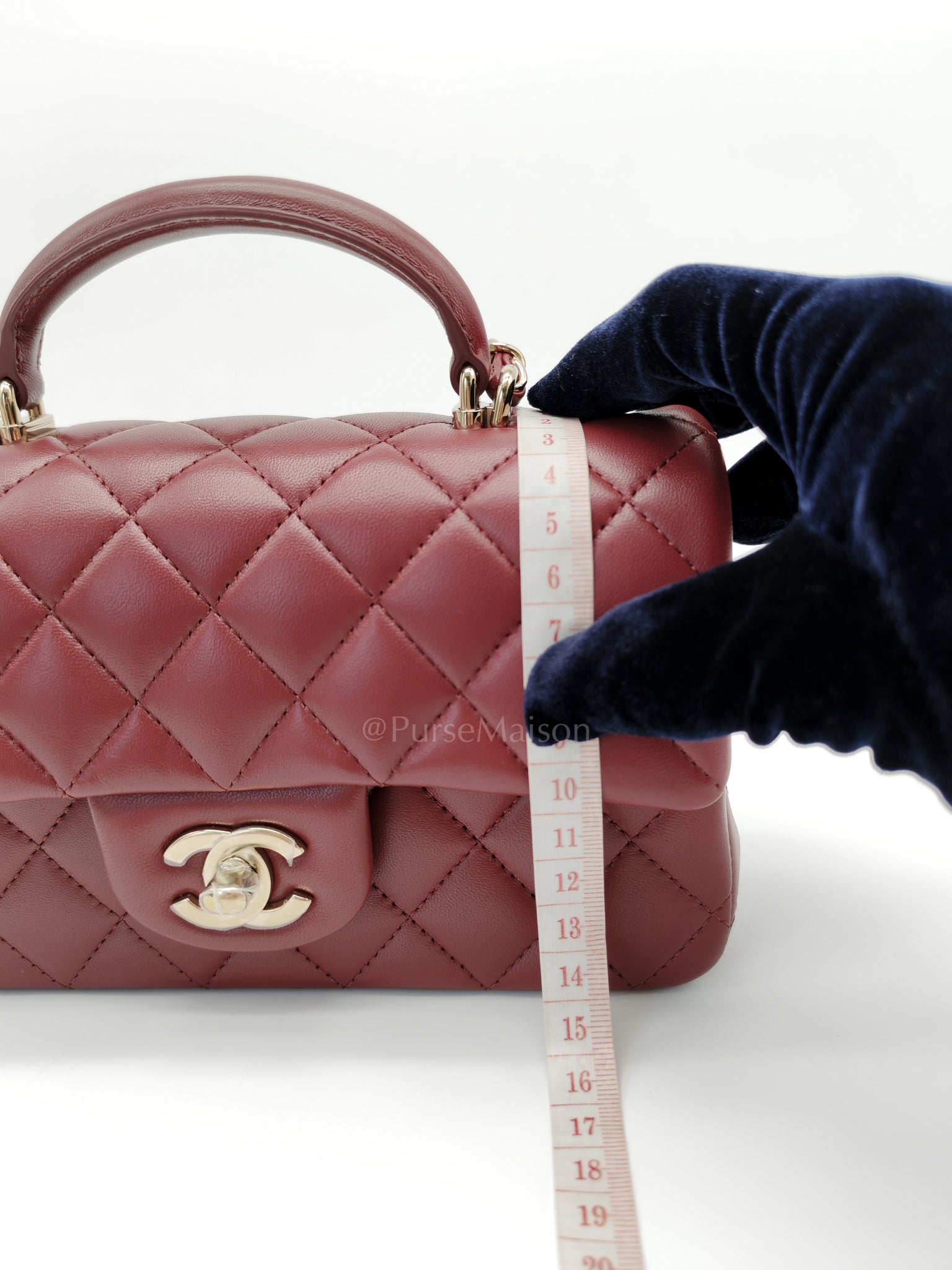 Mini Rectangle Top Handle in Burgundy Quilted Lambskin Leather and Light Gold Hardware (Microchip) | Purse Maison Luxury Bags Shop