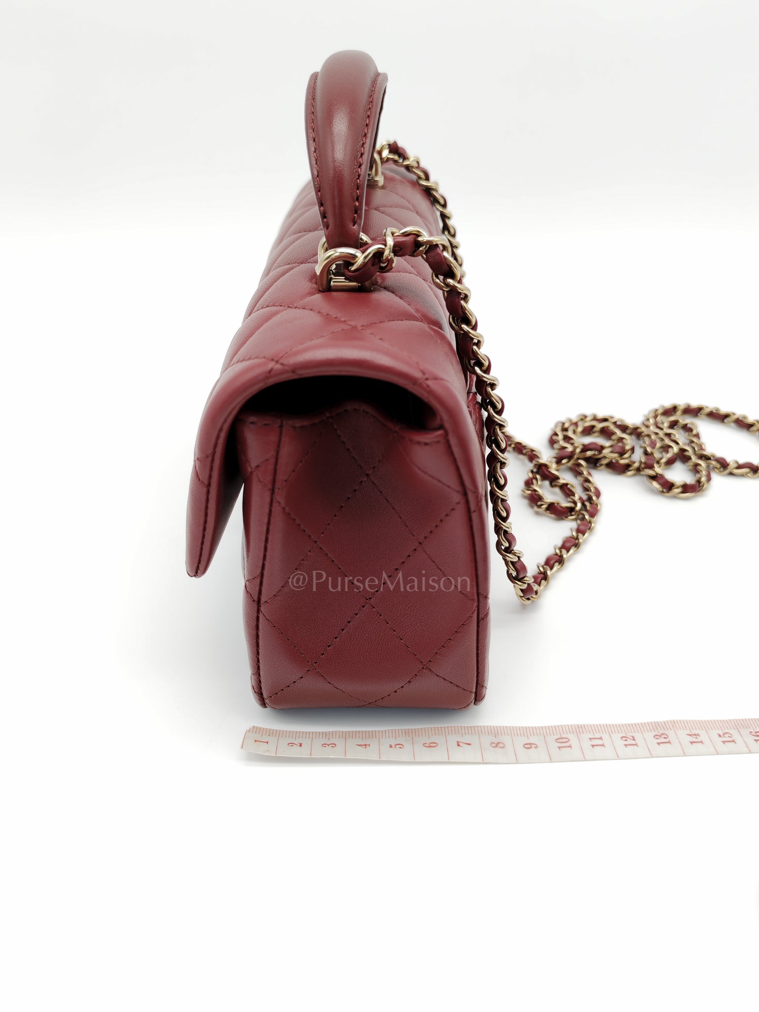 Mini Rectangle Top Handle in Burgundy Quilted Lambskin Leather and Light Gold Hardware (Microchip) | Purse Maison Luxury Bags Shop