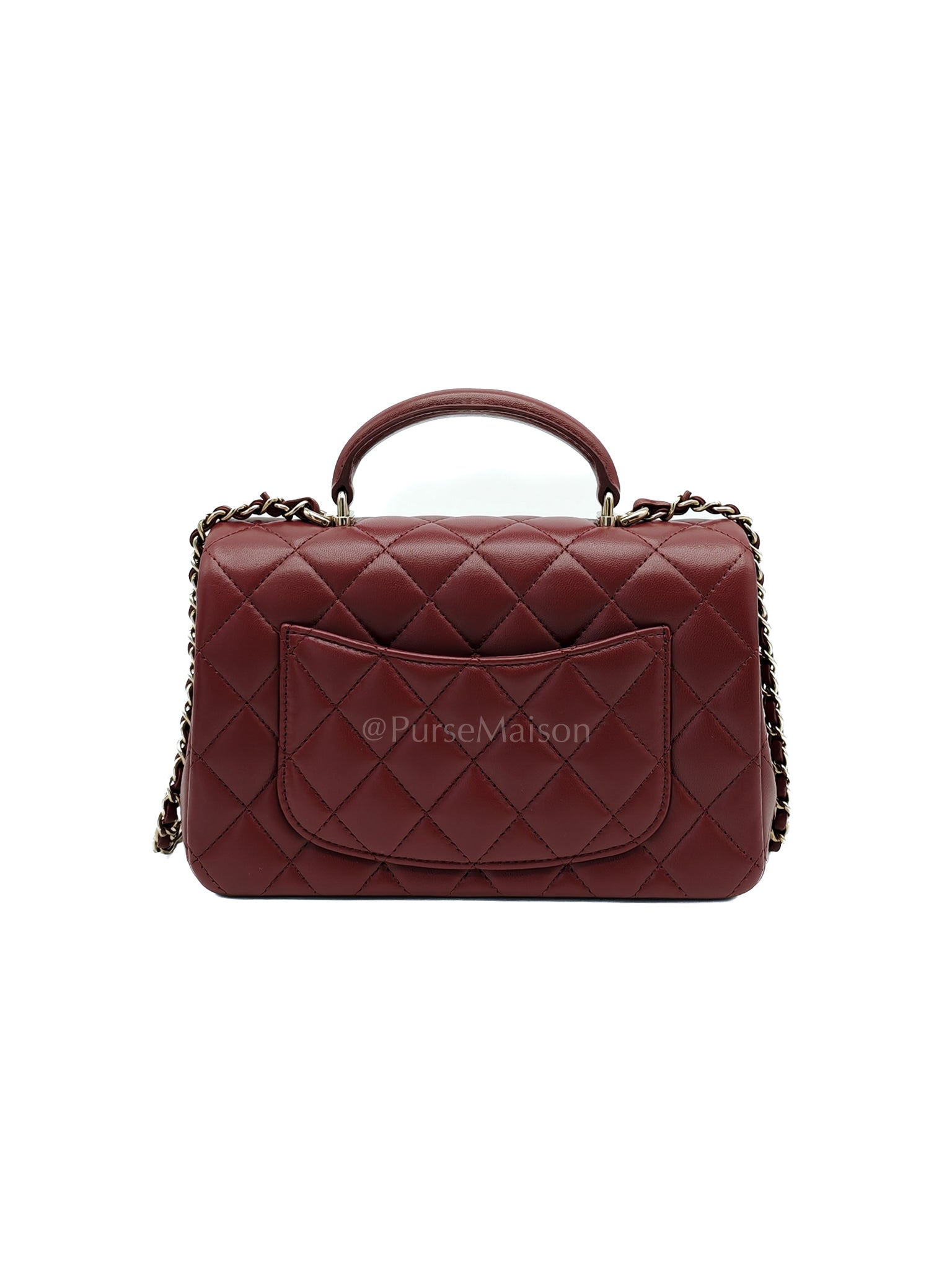 Mini Rectangle Top Handle in Burgundy Quilted Lambskin Leather and Light Gold Hardware (Microchip) | Purse Maison Luxury Bags Shop