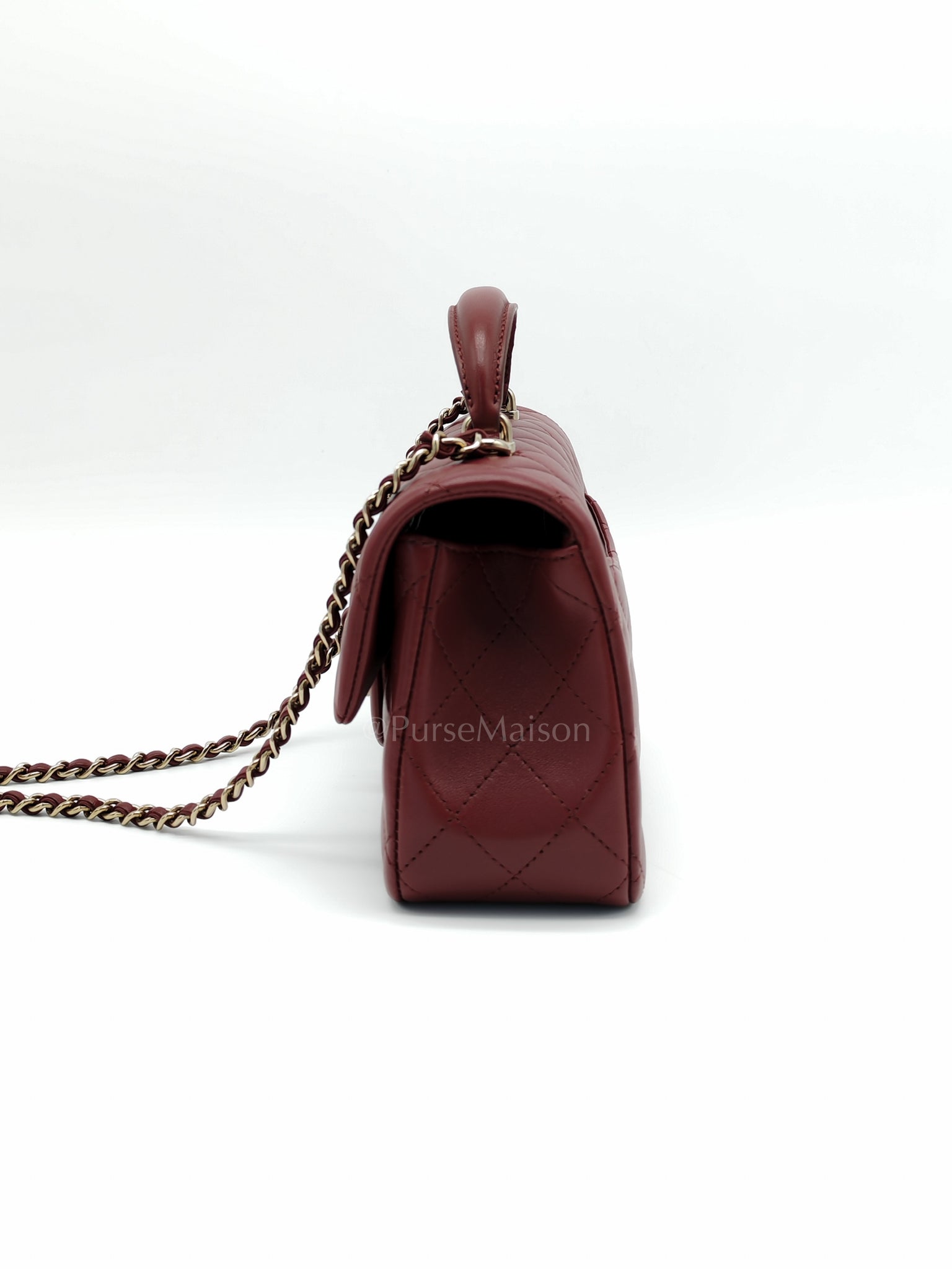 Mini Rectangle Top Handle in Burgundy Quilted Lambskin Leather and Light Gold Hardware (Microchip) | Purse Maison Luxury Bags Shop