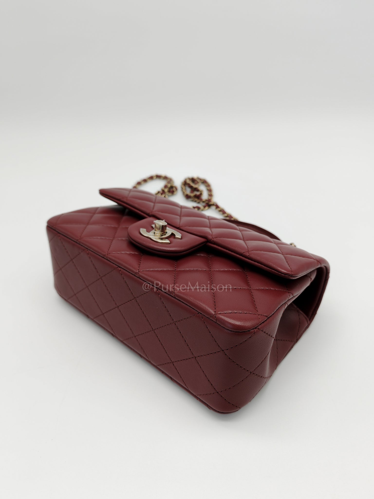 Mini Rectangle Top Handle in Burgundy Quilted Lambskin Leather and Light Gold Hardware (Microchip) | Purse Maison Luxury Bags Shop