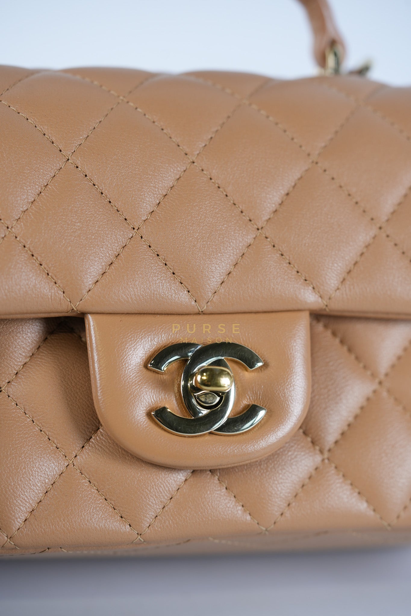 Mini Rectangle Top Handle in Caramel Lambskin Gold Hardware (Microchip) | Purse Maison Luxury Bags Shop