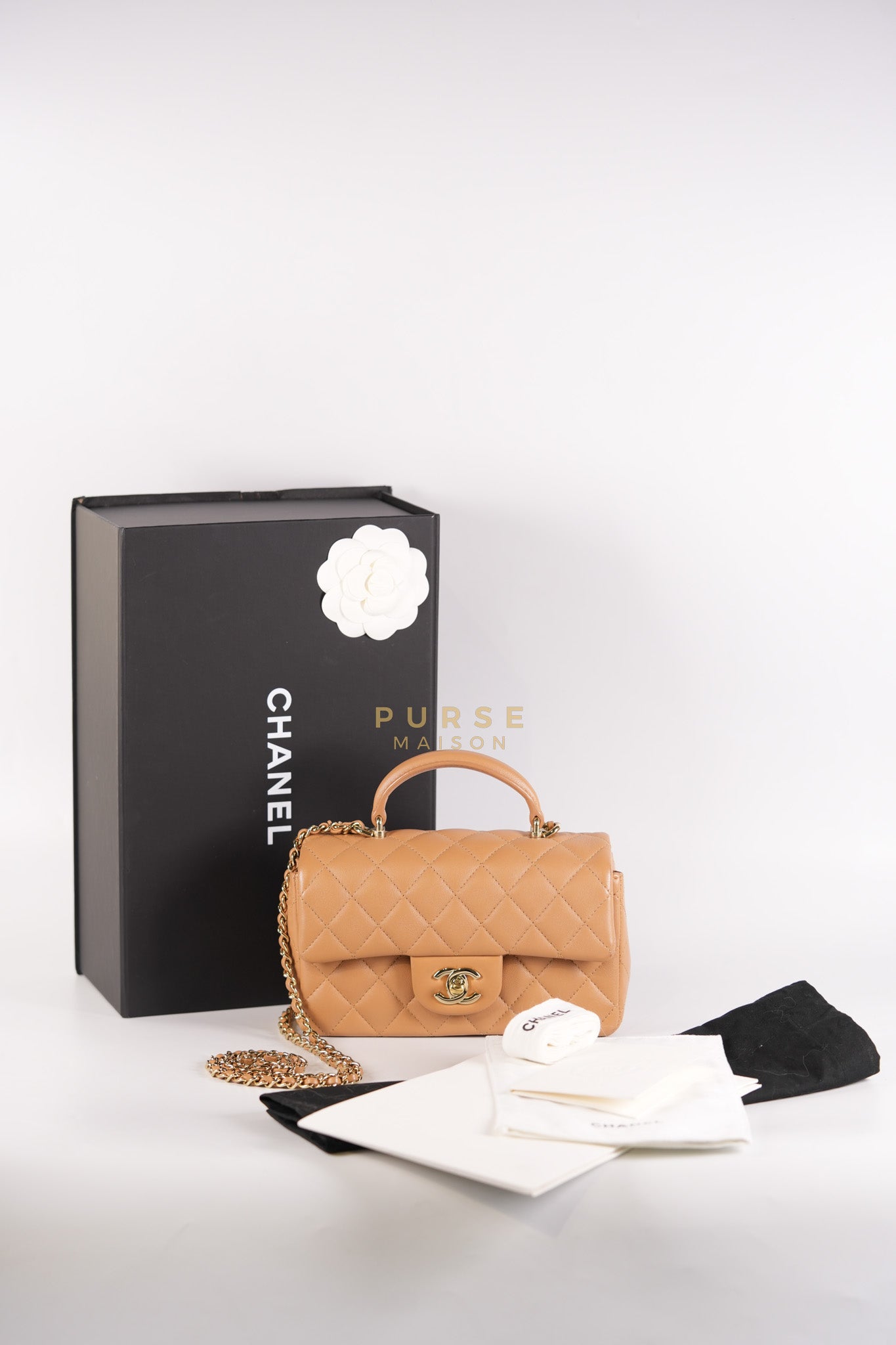 Mini Rectangle Top Handle in Caramel Lambskin Gold Hardware (Microchip) | Purse Maison Luxury Bags Shop