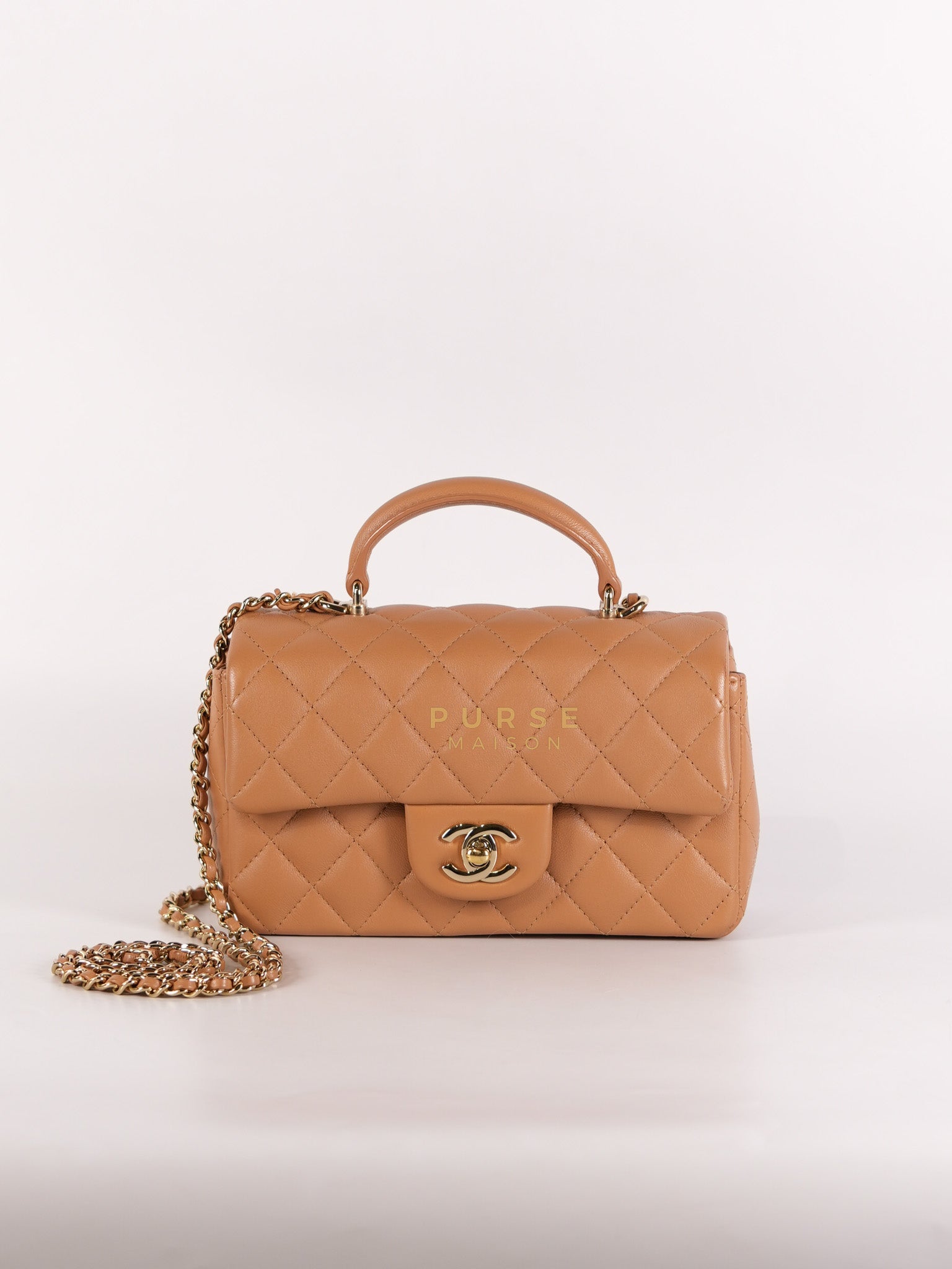 Mini Rectangle Top Handle in Caramel Lambskin Gold Hardware (Microchip) | Purse Maison Luxury Bags Shop