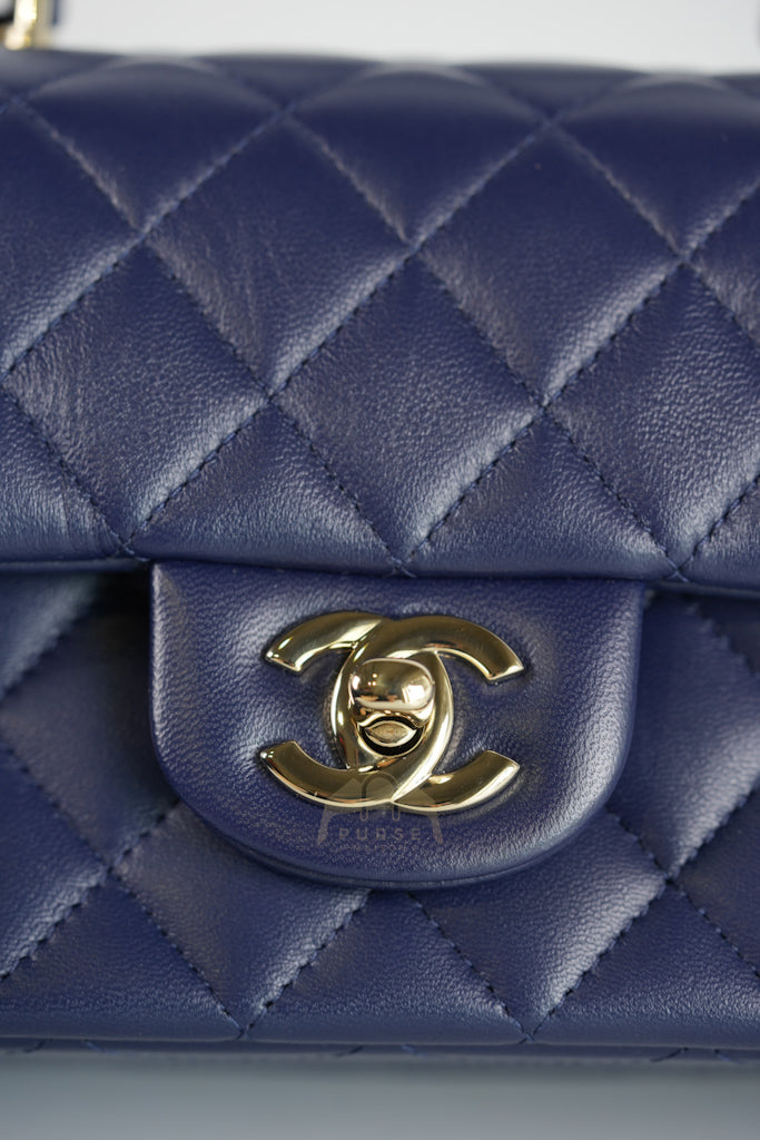 Mini Rectangle Top Handle in Navy Blue Lambskin Leather and Light Gold Hardware (Microchip) | Purse Maison Luxury Bags Shop