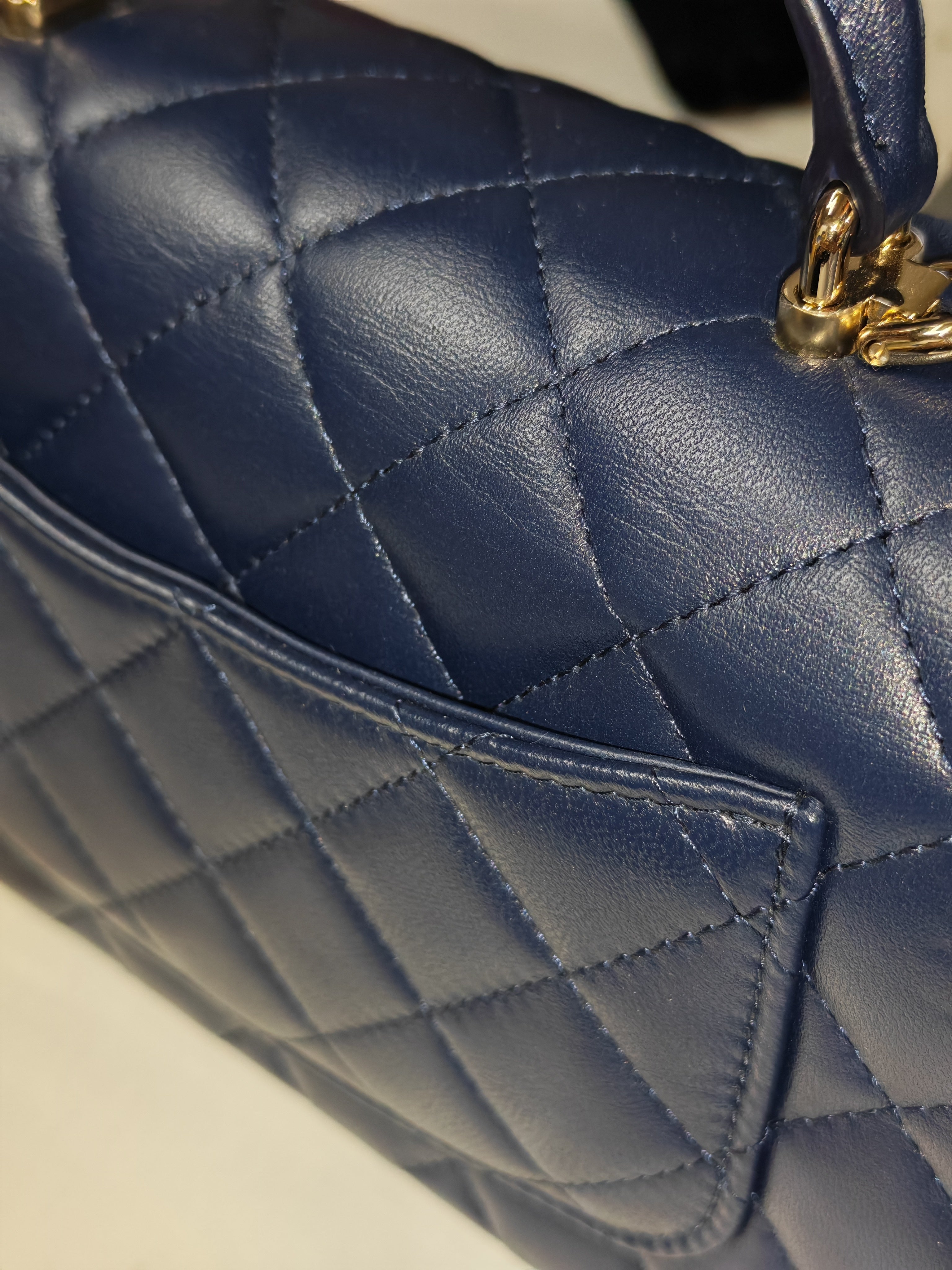 Mini Rectangle Top Handle in Navy Blue Lambskin Leather and Light Gold Hardware (Microchip) | Purse Maison Luxury Bags Shop