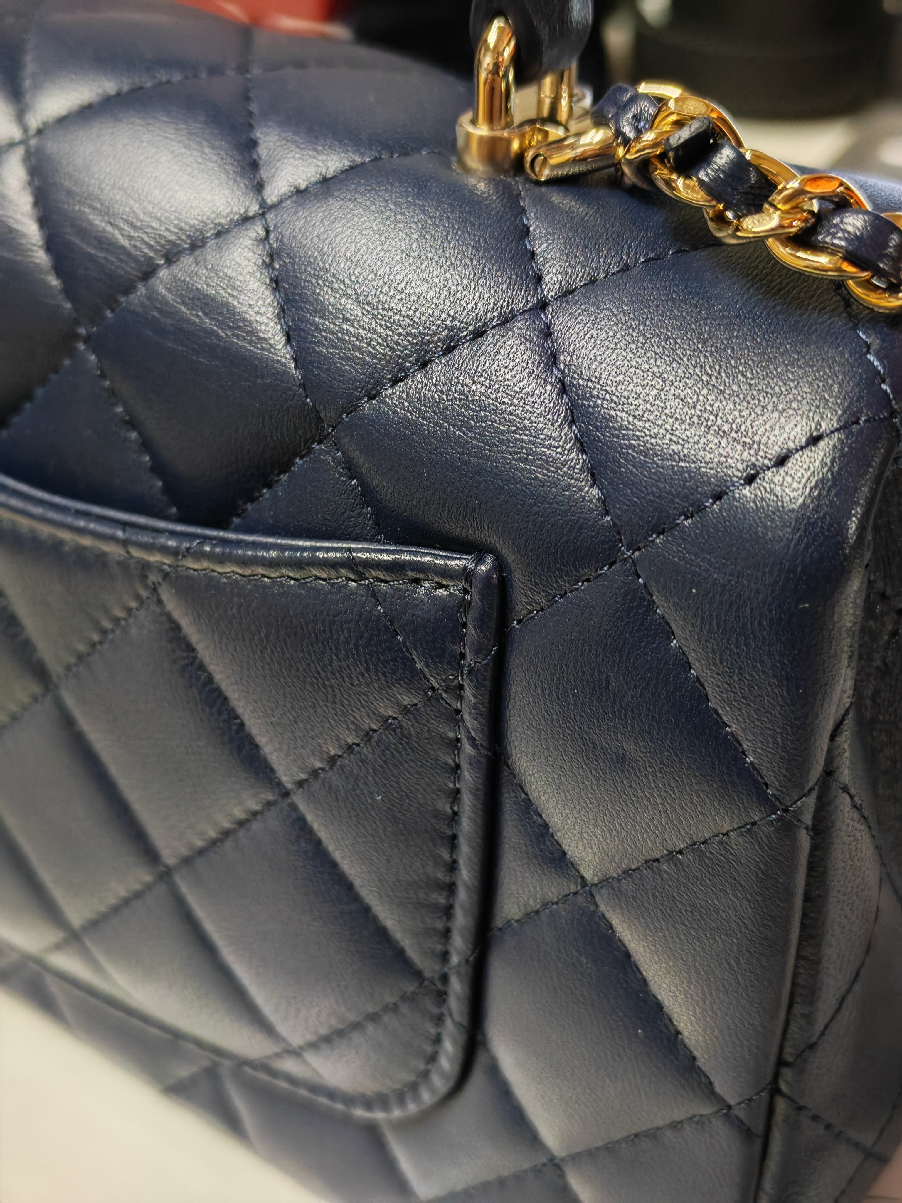 Mini Rectangle Top Handle in Navy Blue Lambskin Leather and Light Gold Hardware (Microchip) | Purse Maison Luxury Bags Shop