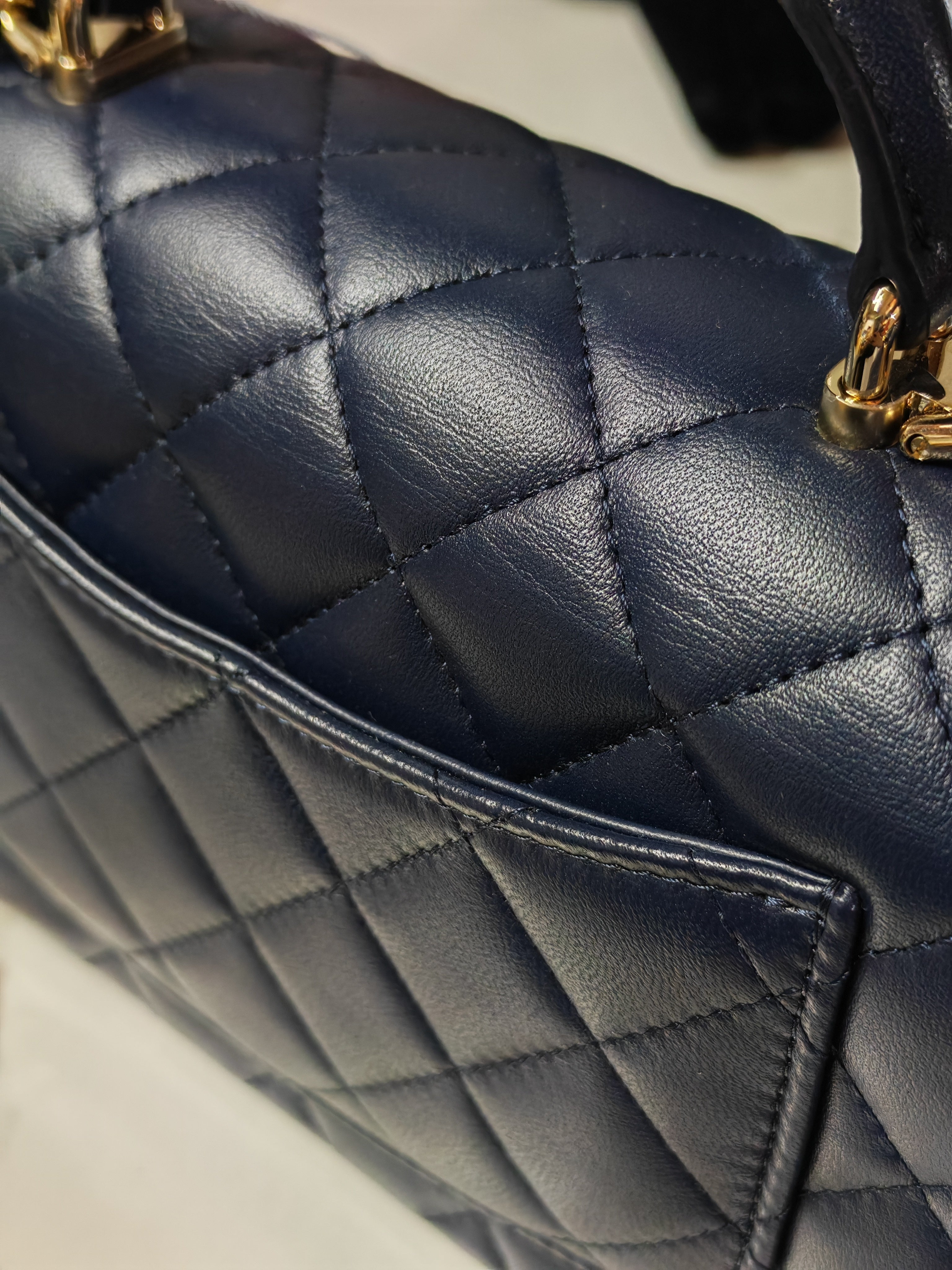 Mini Rectangle Top Handle in Navy Blue Lambskin Leather and Light Gold Hardware (Microchip) | Purse Maison Luxury Bags Shop