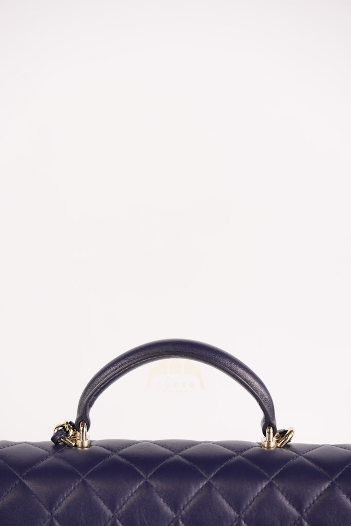 Mini Rectangle Top Handle in Navy Blue Lambskin Leather and Light Gold Hardware (Microchip) | Purse Maison Luxury Bags Shop