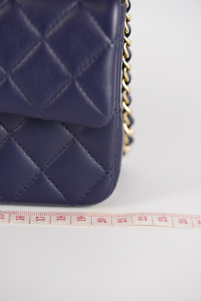 Mini Rectangle Top Handle in Navy Blue Lambskin Leather and Light Gold Hardware (Microchip) | Purse Maison Luxury Bags Shop