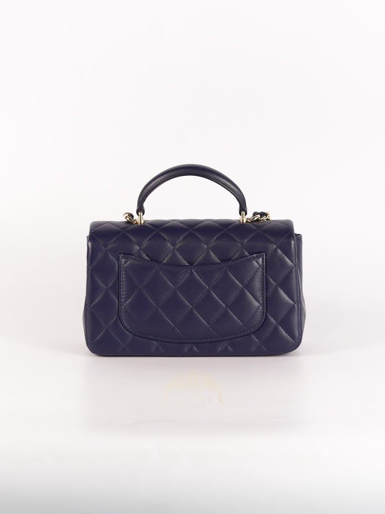Mini Rectangle Top Handle in Navy Blue Lambskin Leather and Light Gold Hardware (Microchip) | Purse Maison Luxury Bags Shop