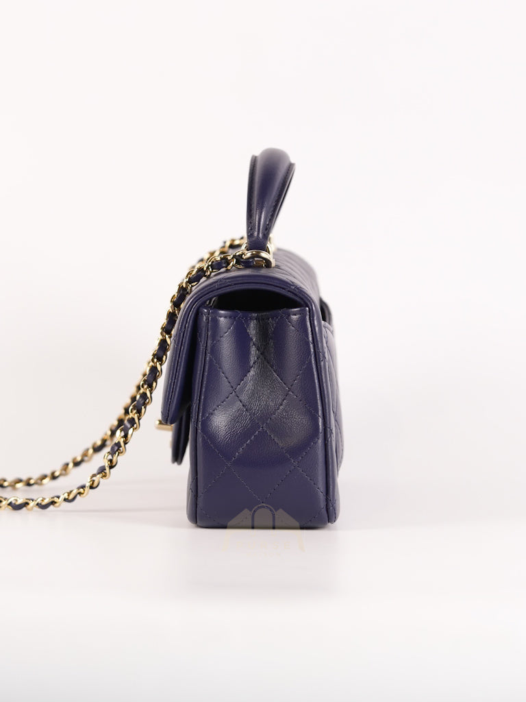 Mini Rectangle Top Handle in Navy Blue Lambskin Leather and Light Gold Hardware (Microchip) | Purse Maison Luxury Bags Shop