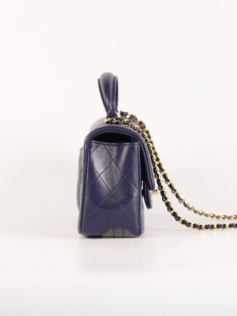 Mini Rectangle Top Handle in Navy Blue Lambskin Leather and Light Gold Hardware (Microchip) | Purse Maison Luxury Bags Shop