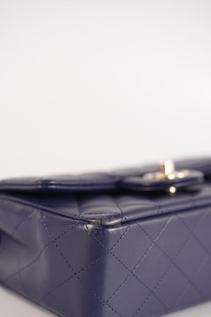 Mini Rectangle Top Handle in Navy Blue Lambskin Leather and Light Gold Hardware (Microchip) | Purse Maison Luxury Bags Shop