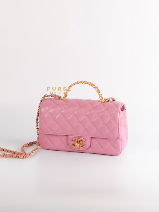 Mini Rectangle Top Handle Pink Lambskin Leather in Aged Gold Hardware (Microchip) | Purse Maison Luxury Bags Shop