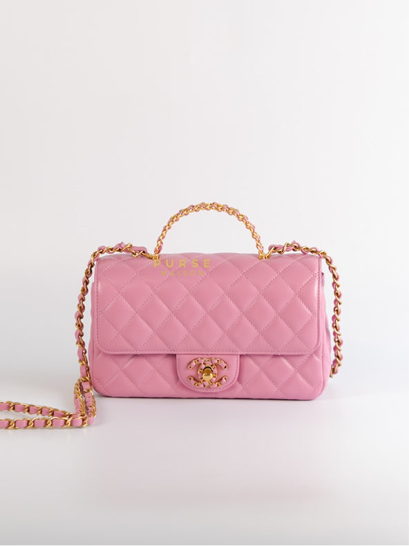 Mini Rectangle Top Handle Pink Lambskin Leather in Aged Gold Hardware (Microchip) | Purse Maison Luxury Bags Shop