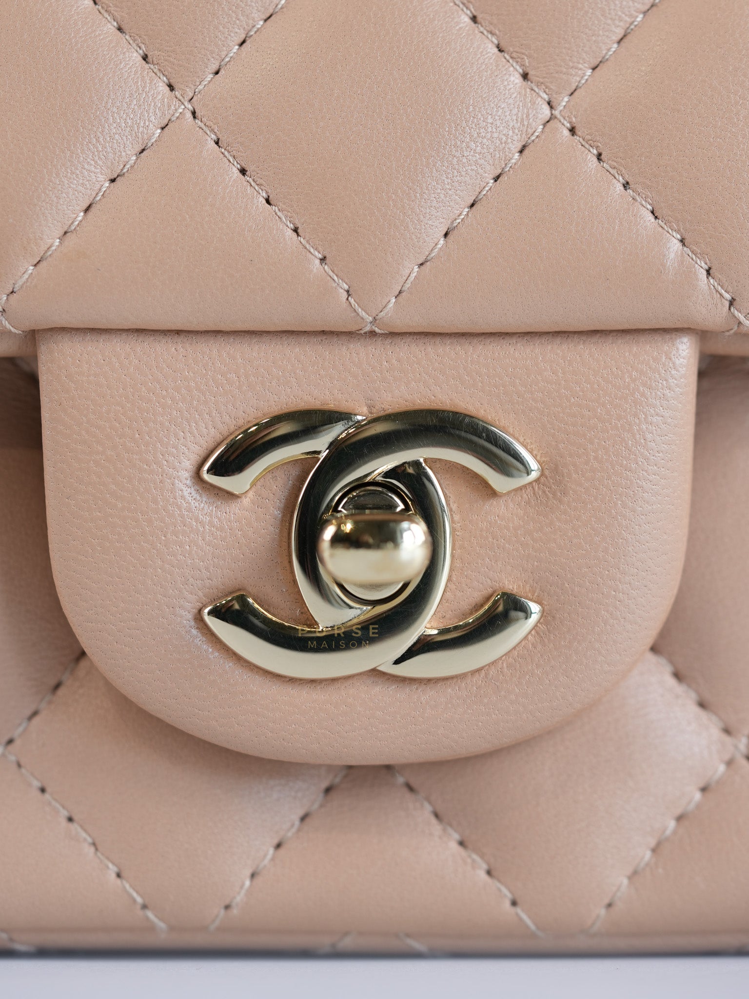 Mini Rectangular Flap Bag in Beige Lambskin Leather & Light Gold Hardware Microchip | Purse Maison Luxury Bags Shop