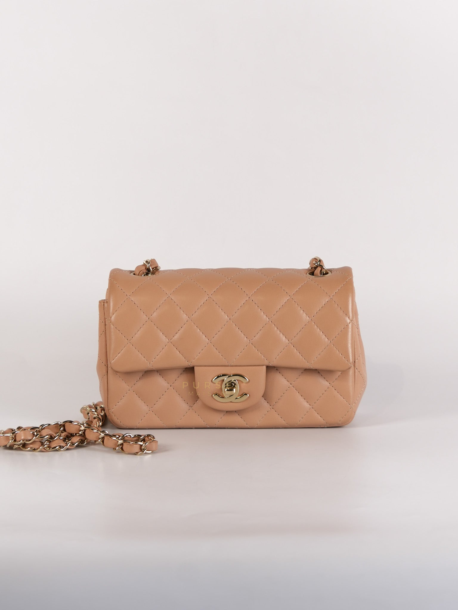 Mini Rectangular Flap Bag in Beige Lambskin Leather & Light Gold Hardware Microchip | Purse Maison Luxury Bags Shop