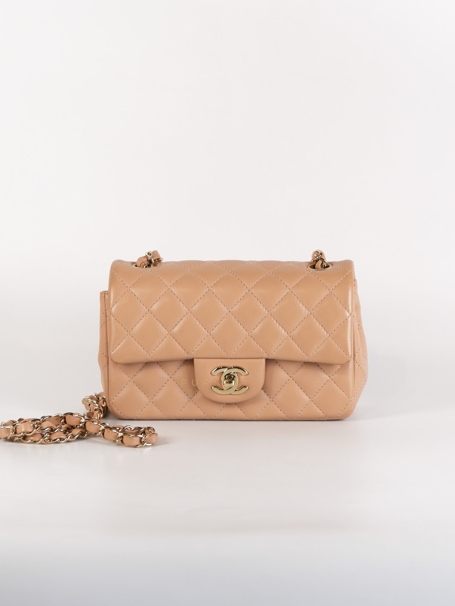 Mini Rectangular Flap Bag in Beige Lambskin Leather & Light Gold Hardware Microchip | Purse Maison Luxury Bags Shop