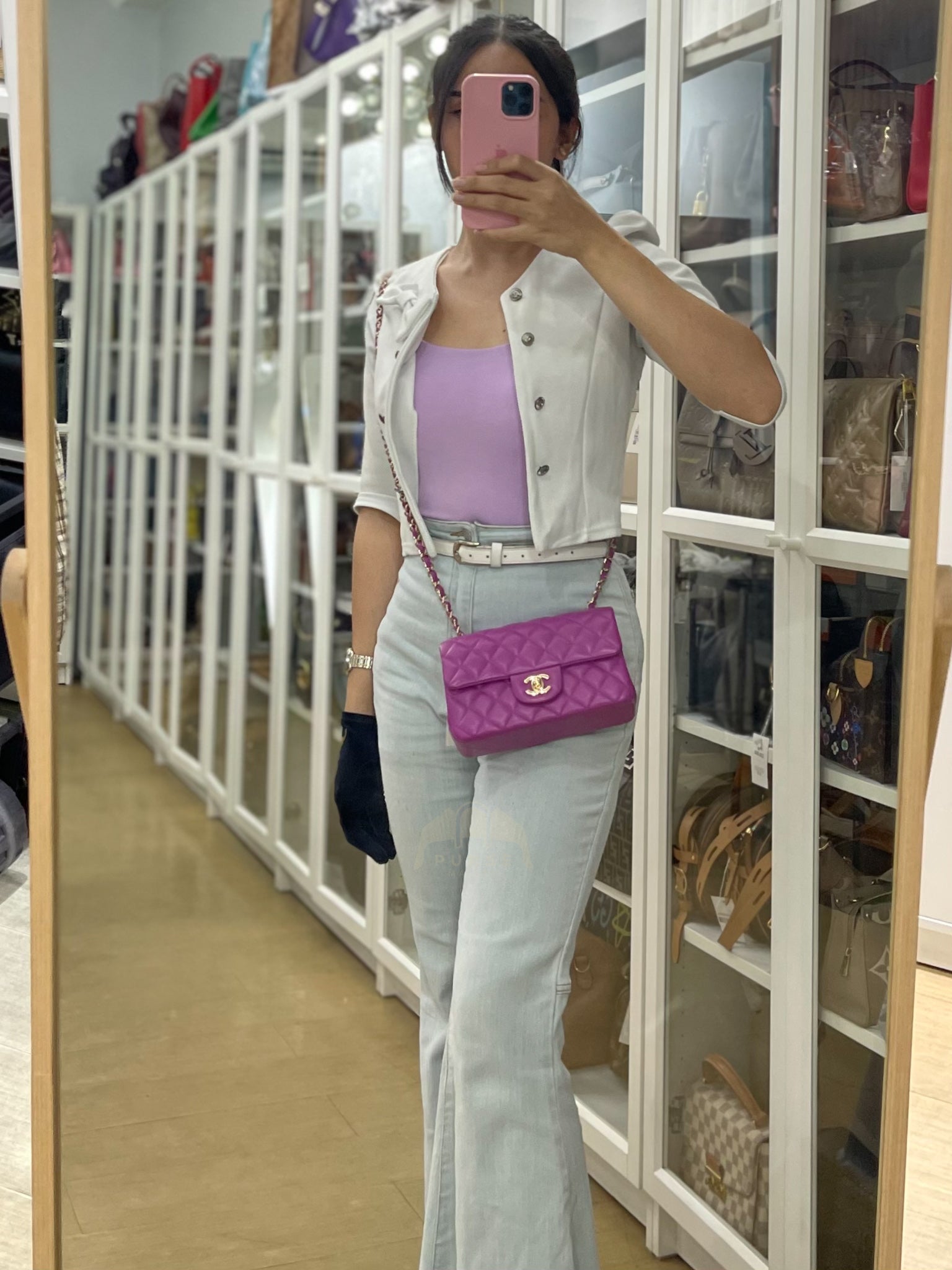 Mini Rectangular Shoulder Bag in Orchid Purple Lambskin Leather & Gold Hardware (Series 30) | Purse Maison Luxury Bags Shop