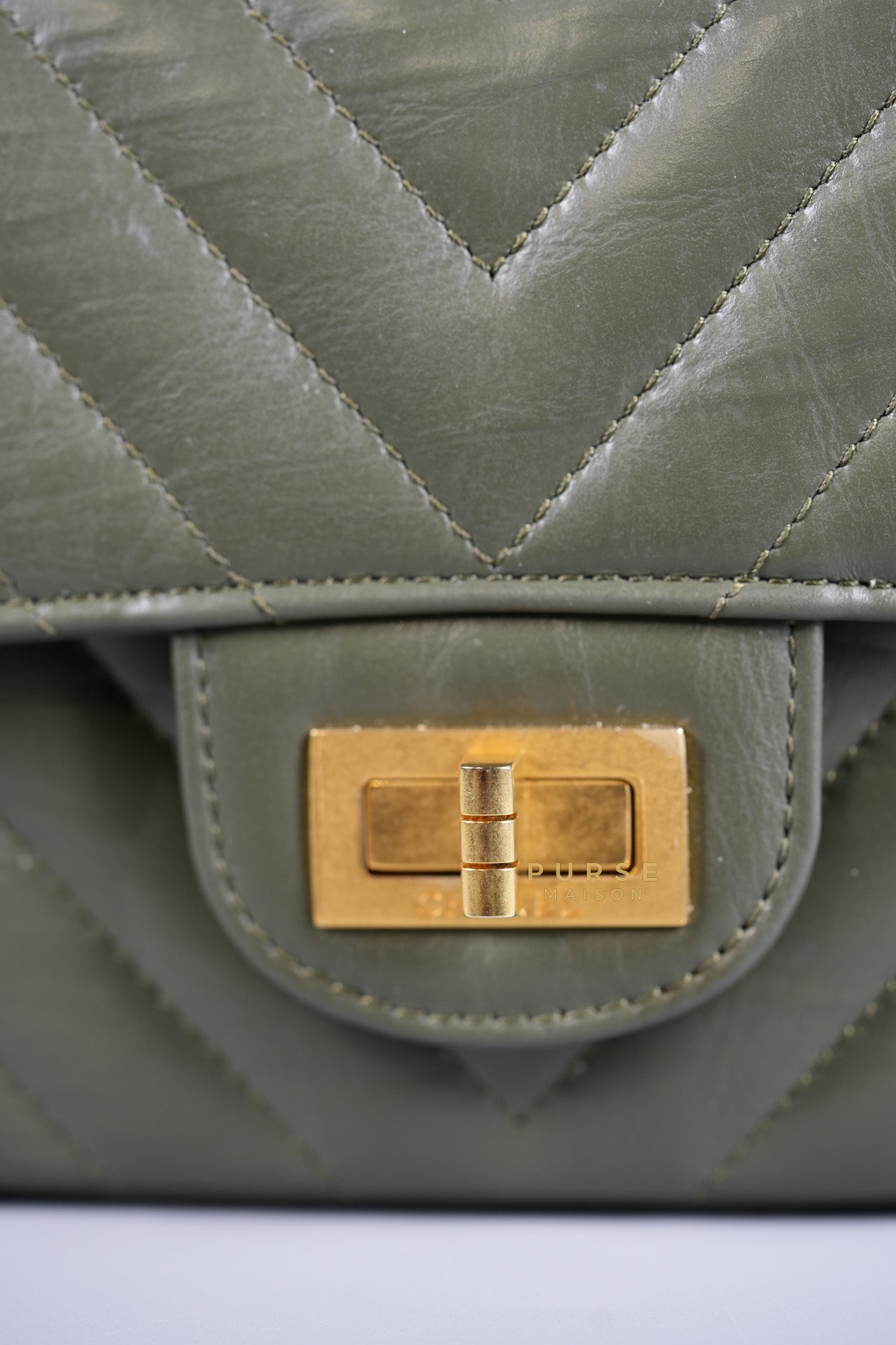 Mini Reissue 2.55 Chevron in Khaki Distressed Calfskin and Brushed Gold Hardware (Microchip) | Purse Maison Luxury Bags Shop