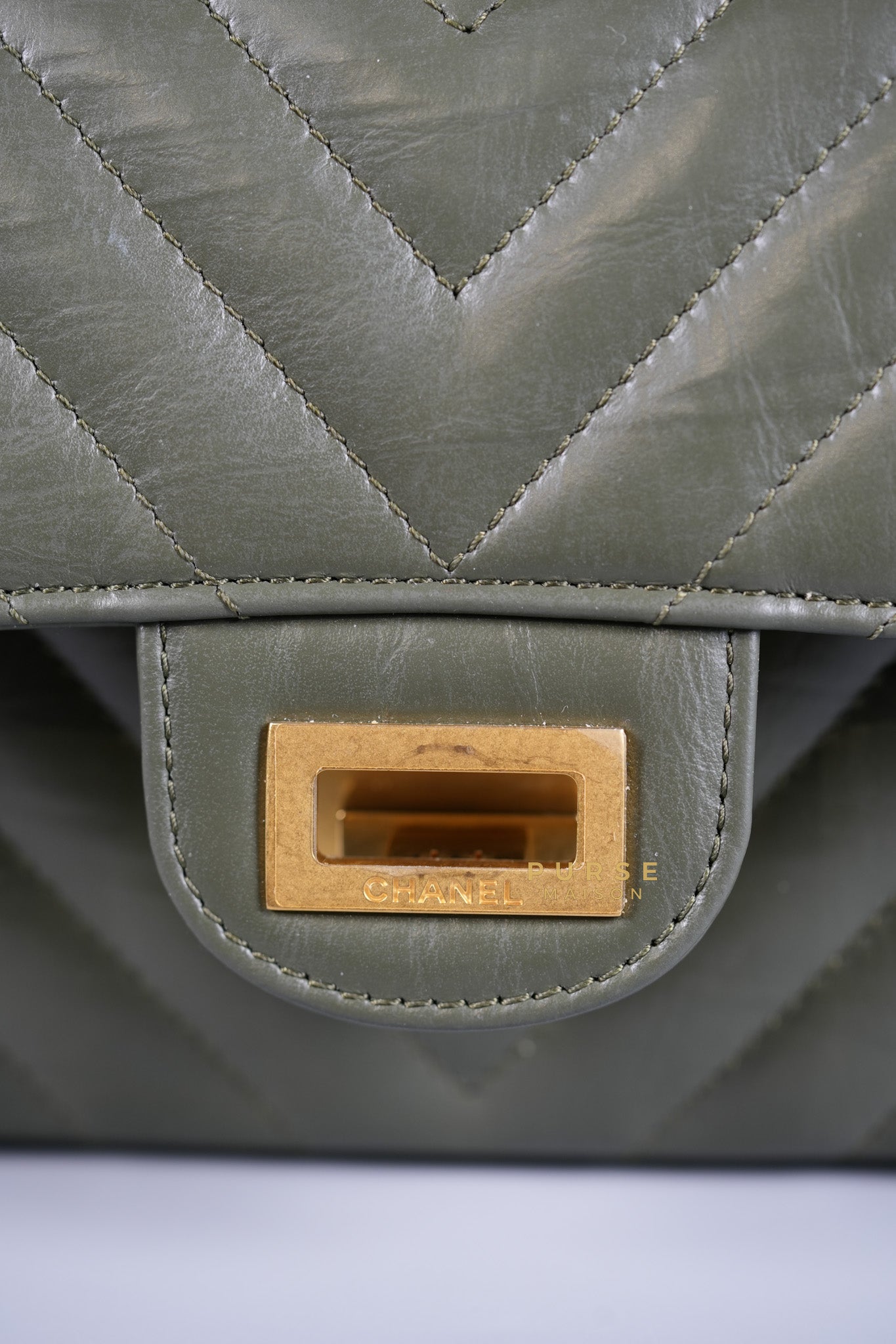 Mini Reissue 2.55 Chevron in Khaki Distressed Calfskin and Brushed Gold Hardware (Microchip) | Purse Maison Luxury Bags Shop