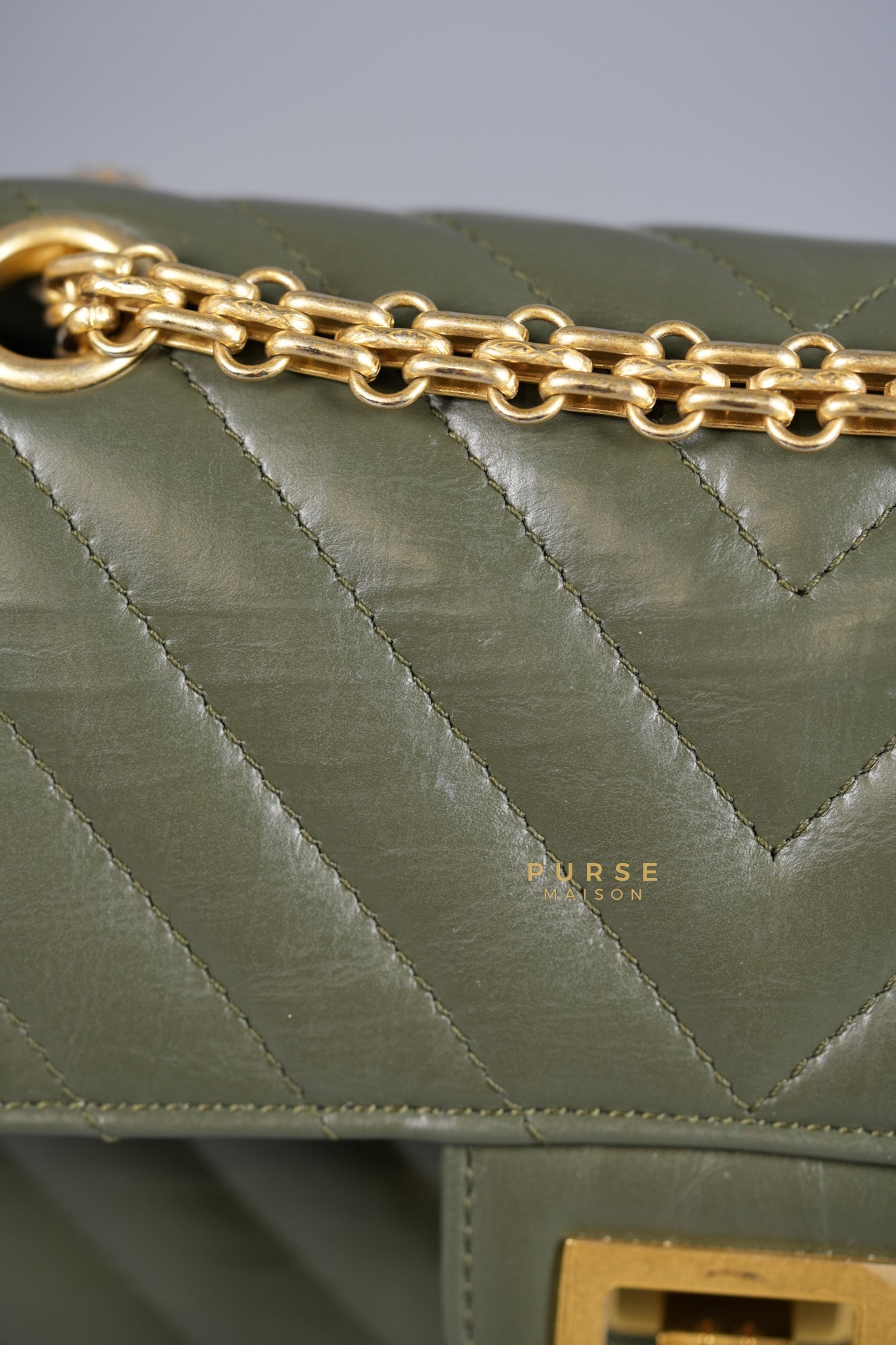 Mini Reissue 2.55 Chevron in Khaki Distressed Calfskin and Brushed Gold Hardware (Microchip) | Purse Maison Luxury Bags Shop