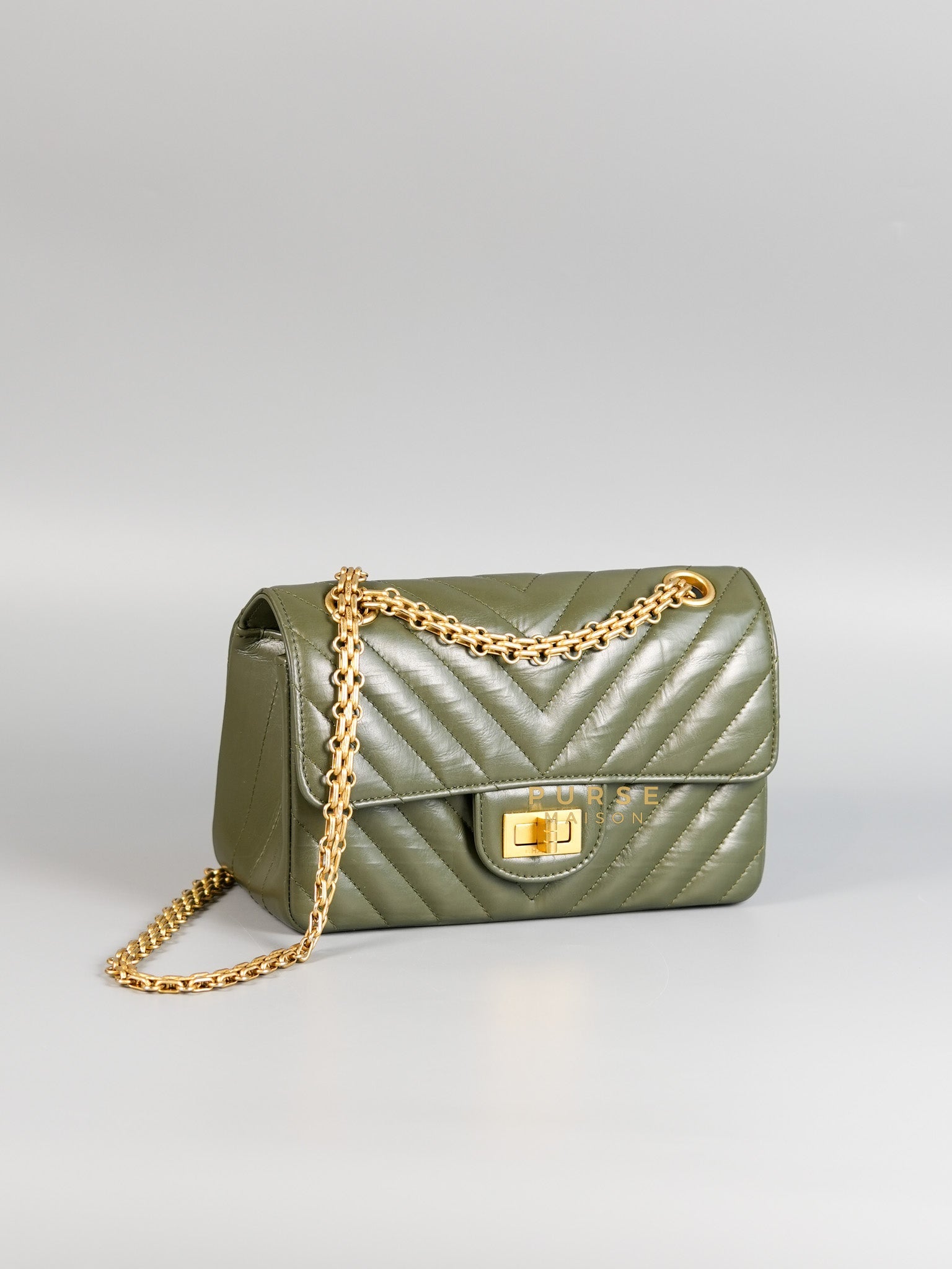 Mini Reissue 2.55 Chevron in Khaki Distressed Calfskin and Brushed Gold Hardware (Microchip) | Purse Maison Luxury Bags Shop