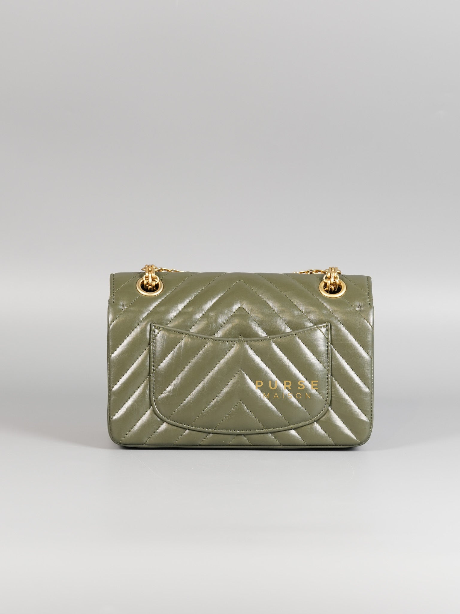 Mini Reissue 2.55 Chevron in Khaki Distressed Calfskin and Brushed Gold Hardware (Microchip) | Purse Maison Luxury Bags Shop