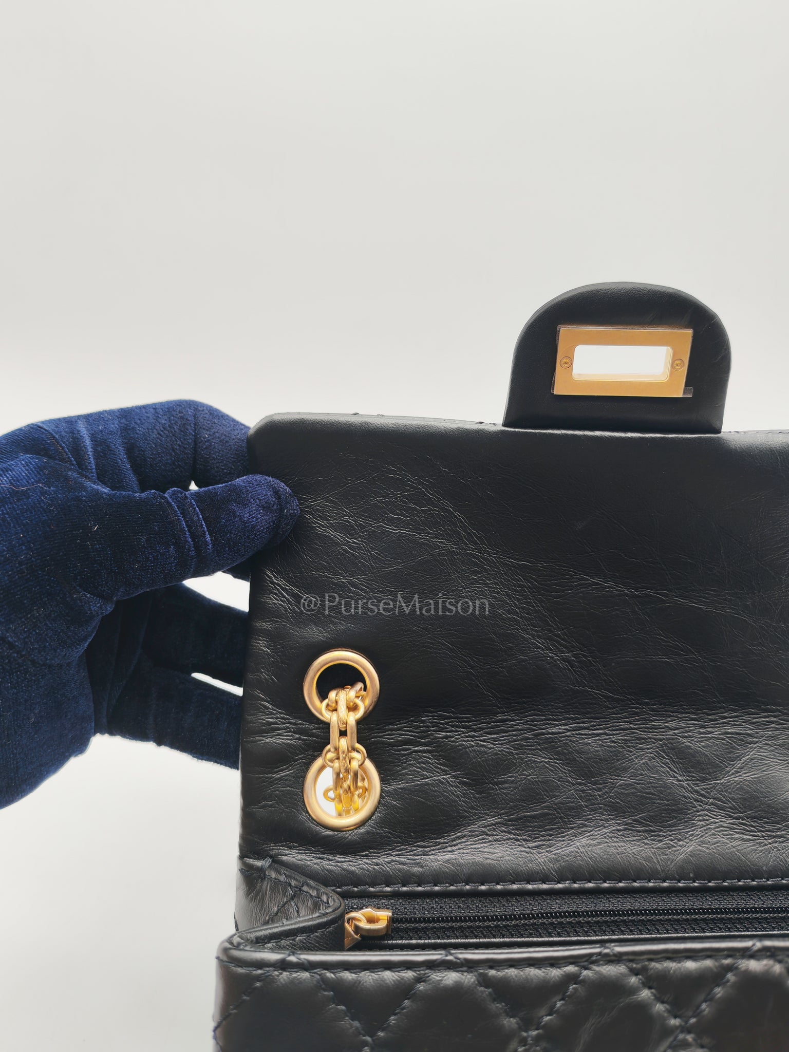 Mini Reissue 2.55 in Black Quilted Distressed Lambskin Leather and Aged Gold Hardware (Microchip) | Purse Maison Luxury Bags Shop