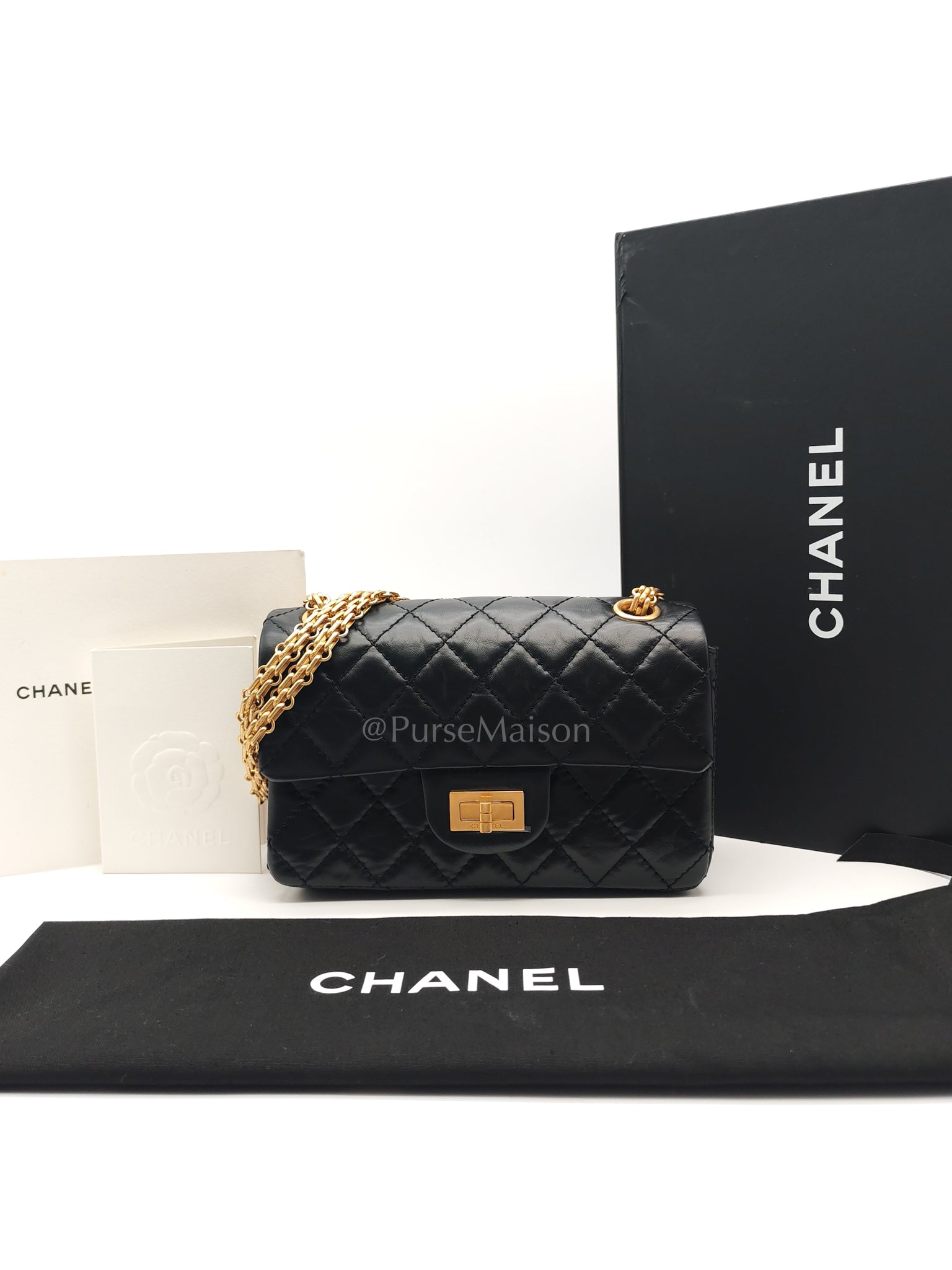 Mini Reissue 2.55 in Black Quilted Distressed Lambskin Leather and Aged Gold Hardware (Microchip) | Purse Maison Luxury Bags Shop