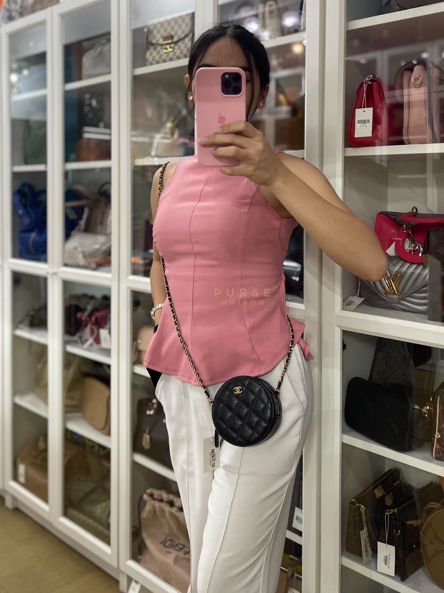 Mini Round Purse on Chain in Black Quilted Lambskin Leather and Aged Gold Hardware Series 27 | Purse Maison Luxury Bags Shop