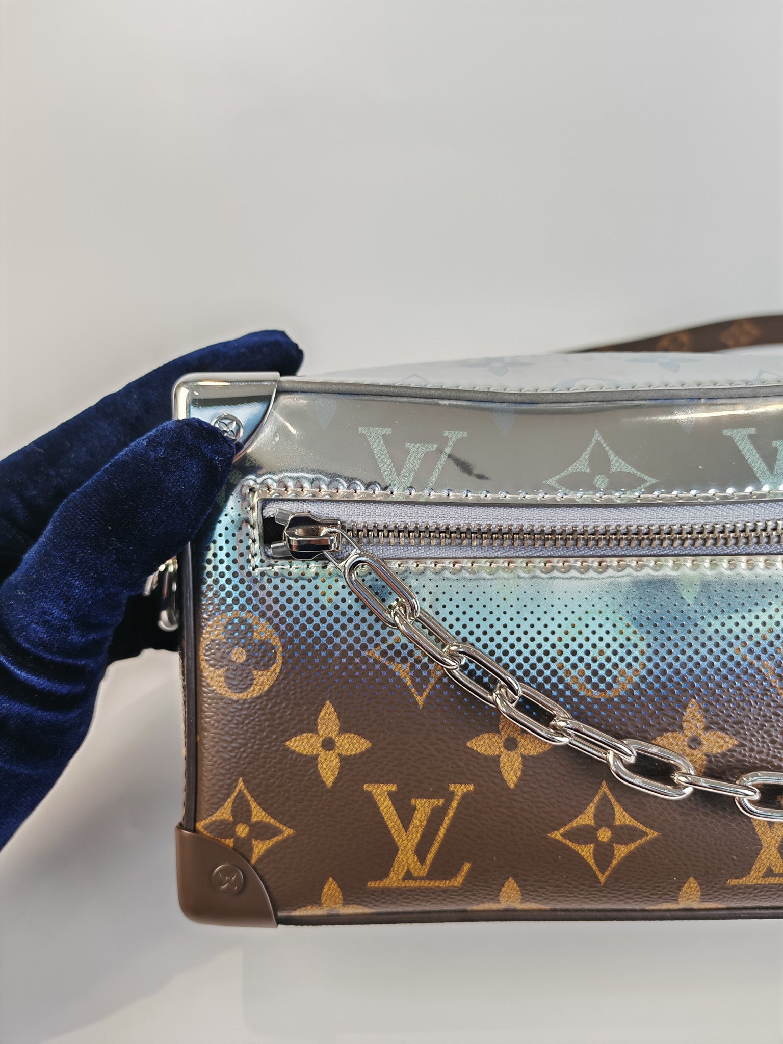 Mini Soft Trunk in Metallic Nebula Monogram & Silver Hardware Microchip | Purse Maison Luxury Bags Shop