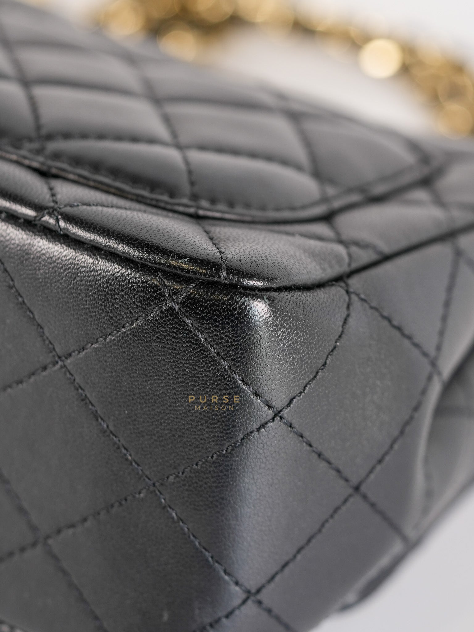Mini Square Black Quilted Lambskin Leather Soccer Ball Pearl Crush in Gold Hardware (Microchip) | Purse Maison Luxury Bags Shop