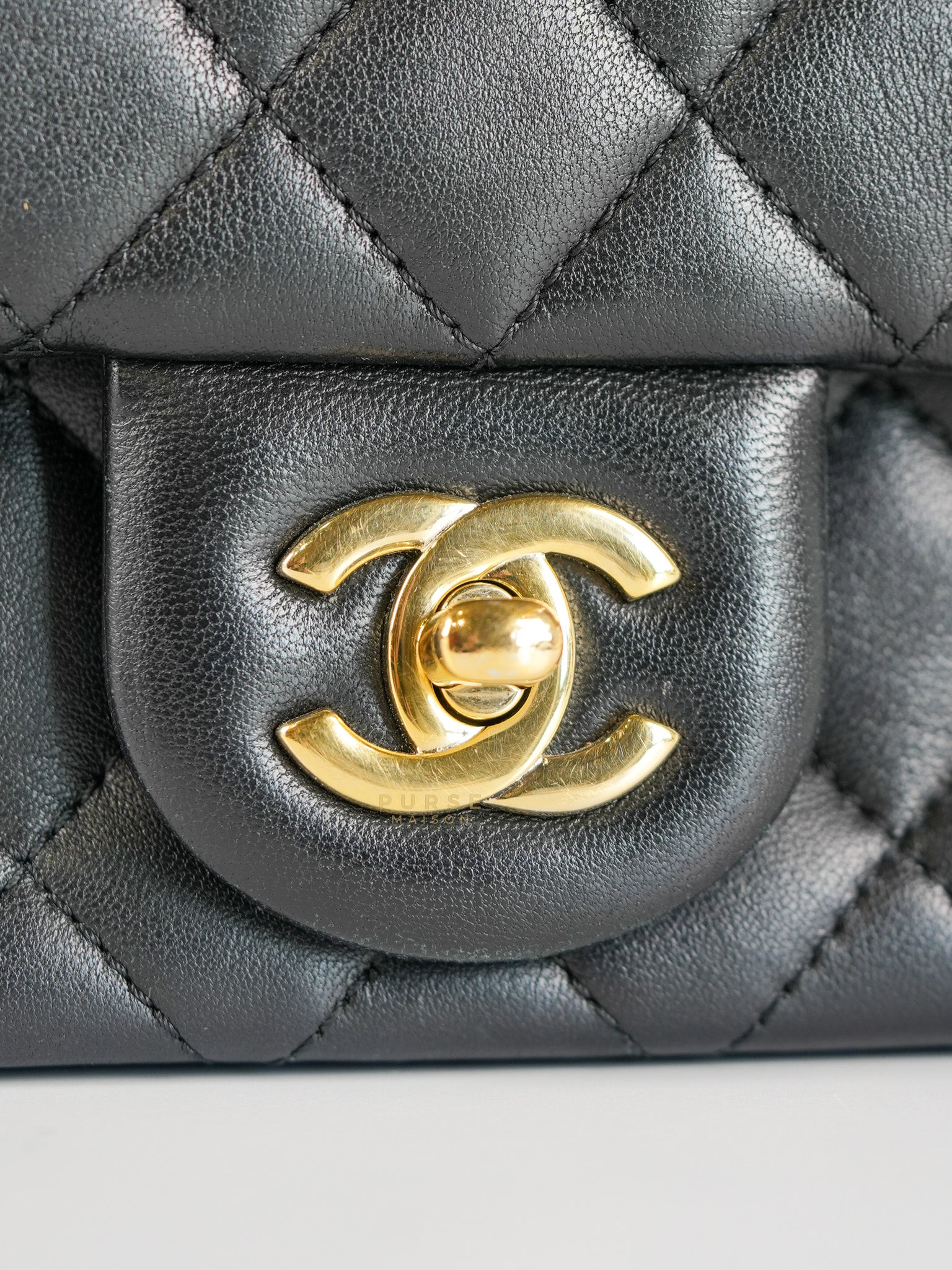 Mini Square Black Quilted Lambskin Leather Soccer Ball Pearl Crush in Gold Hardware (Microchip) | Purse Maison Luxury Bags Shop