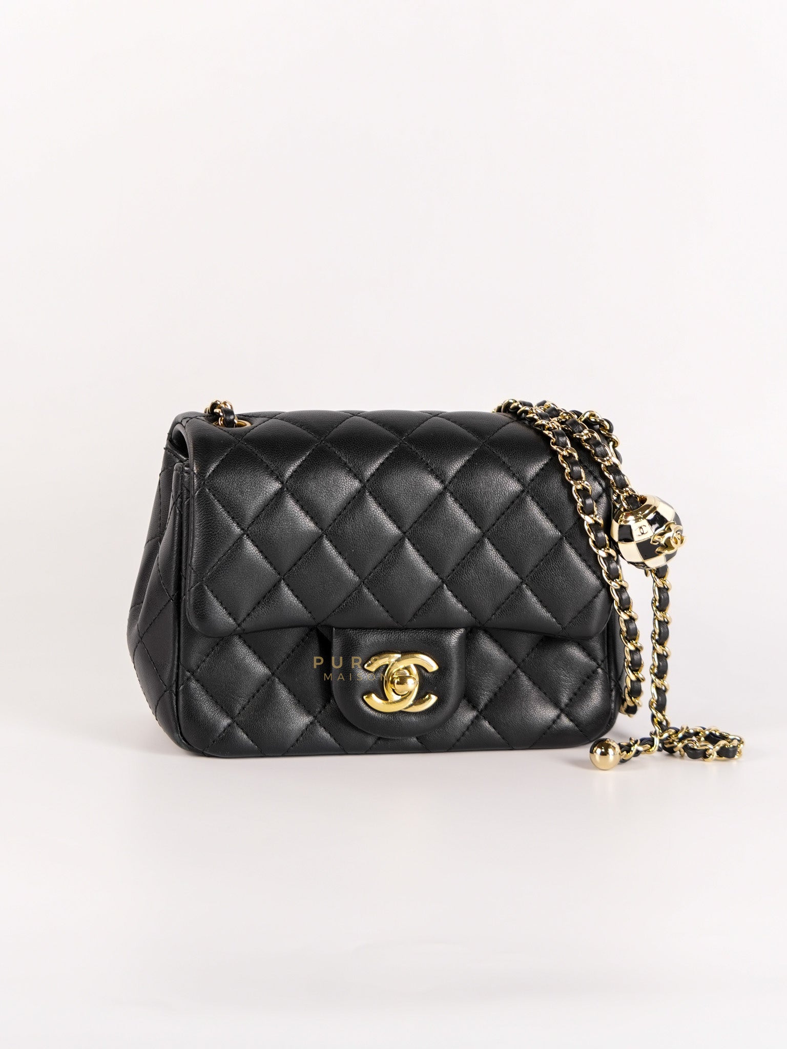 Mini Square Black Quilted Lambskin Leather Soccer Ball Pearl Crush in Gold Hardware (Microchip) | Purse Maison Luxury Bags Shop