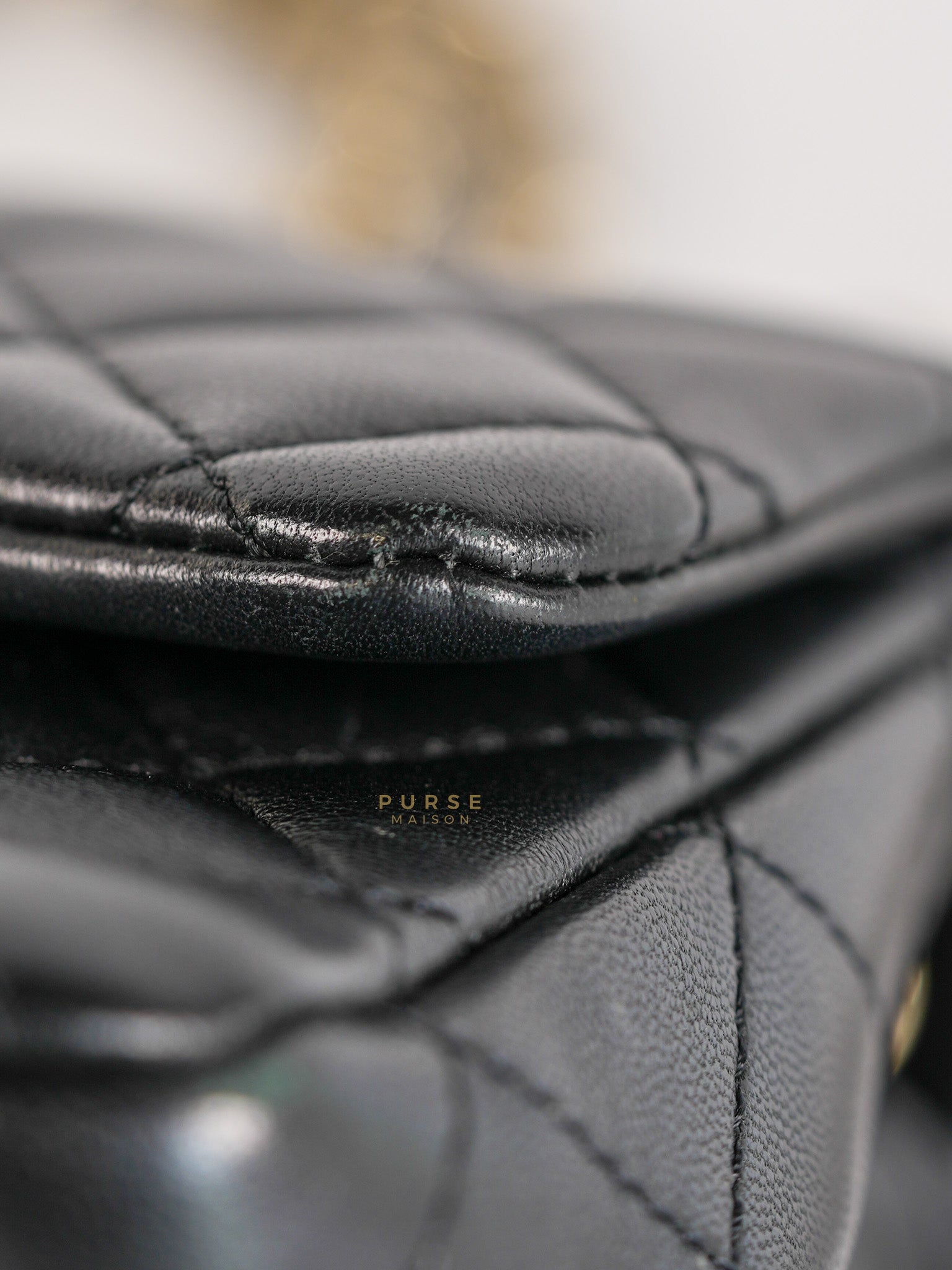Mini Square Black Quilted Lambskin Leather Soccer Ball Pearl Crush in Gold Hardware (Microchip) | Purse Maison Luxury Bags Shop