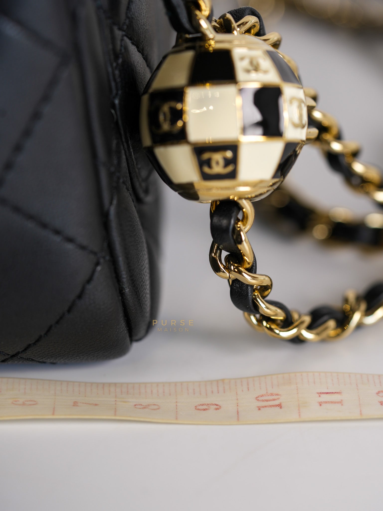 Mini Square Black Quilted Lambskin Leather Soccer Ball Pearl Crush in Gold Hardware (Microchip) | Purse Maison Luxury Bags Shop