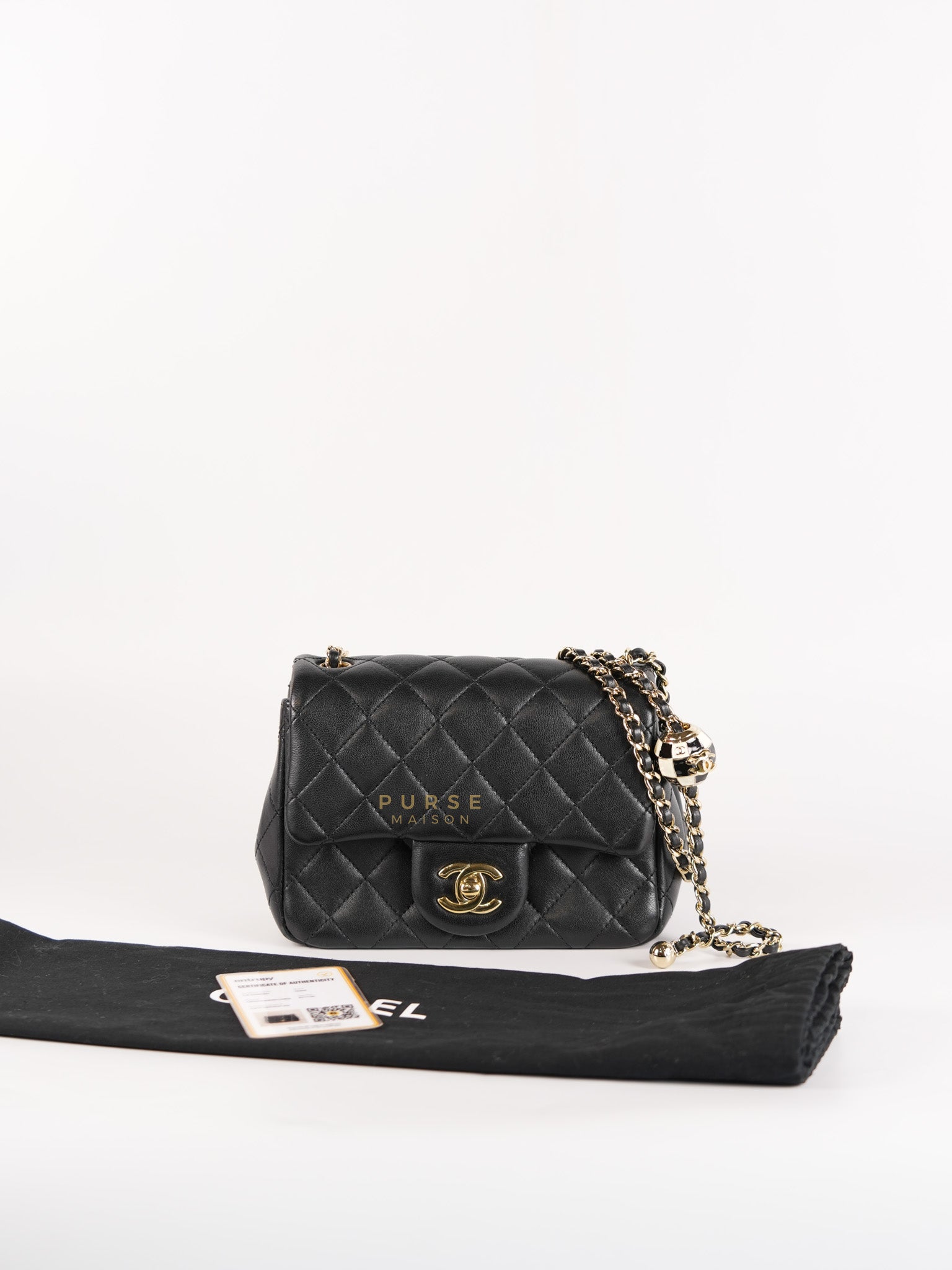 Mini Square Black Quilted Lambskin Leather Soccer Ball Pearl Crush in Gold Hardware (Microchip) | Purse Maison Luxury Bags Shop