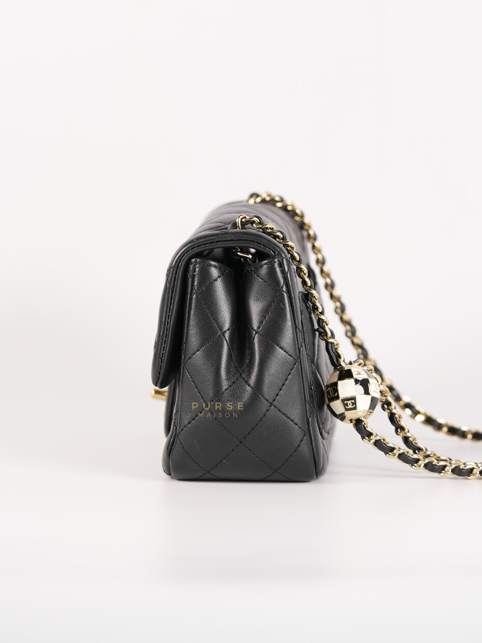 Mini Square Black Quilted Lambskin Leather Soccer Ball Pearl Crush in Gold Hardware (Microchip) | Purse Maison Luxury Bags Shop