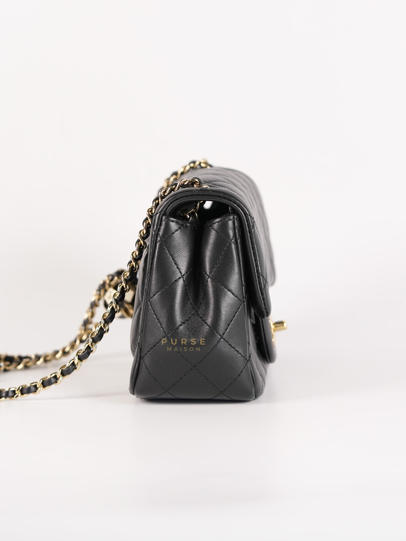 Mini Square Black Quilted Lambskin Leather Soccer Ball Pearl Crush in Gold Hardware (Microchip) | Purse Maison Luxury Bags Shop