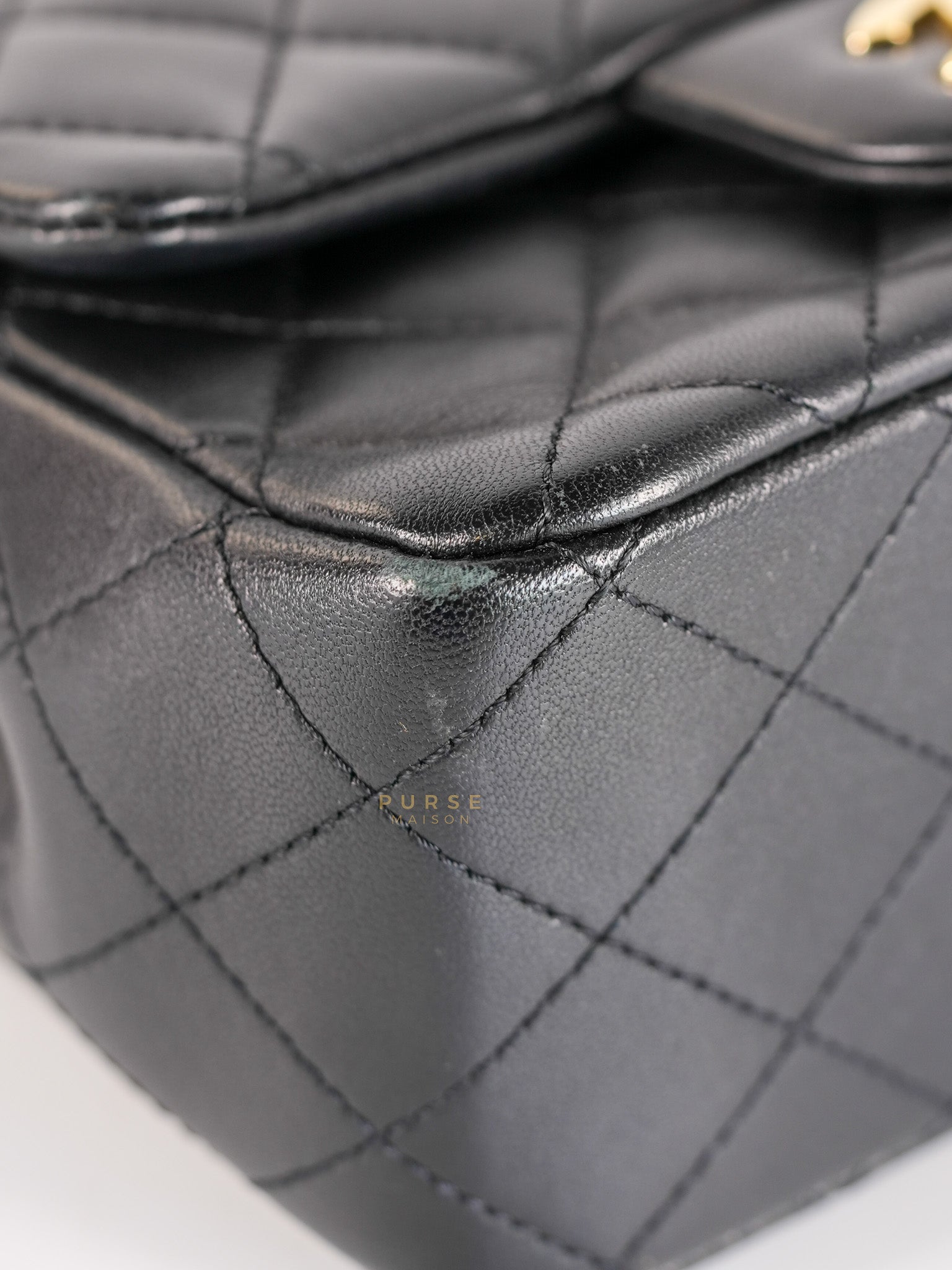 Mini Square Black Quilted Lambskin Leather Soccer Ball Pearl Crush in Gold Hardware (Microchip) | Purse Maison Luxury Bags Shop