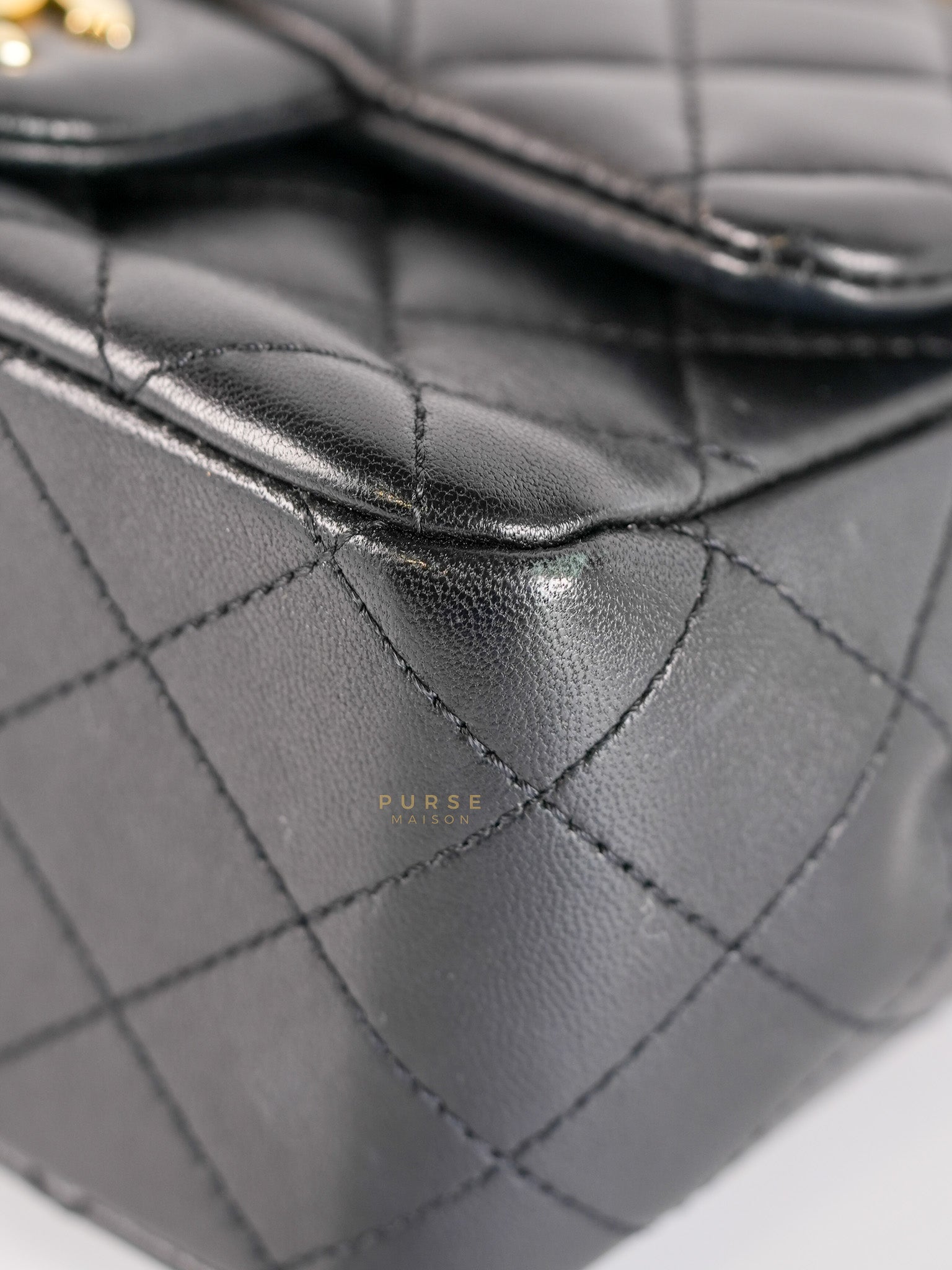 Mini Square Black Quilted Lambskin Leather Soccer Ball Pearl Crush in Gold Hardware (Microchip) | Purse Maison Luxury Bags Shop