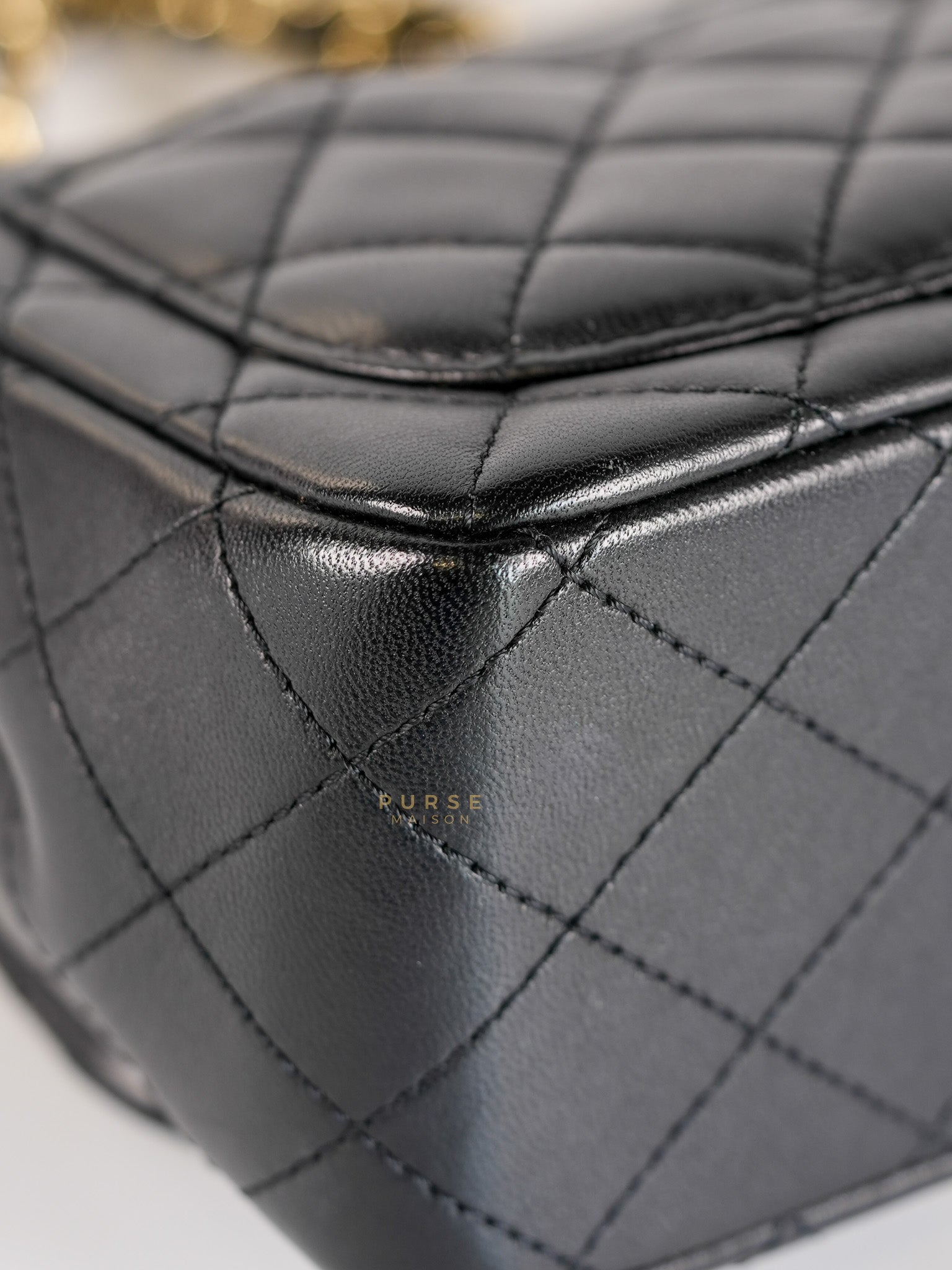 Mini Square Black Quilted Lambskin Leather Soccer Ball Pearl Crush in Gold Hardware (Microchip) | Purse Maison Luxury Bags Shop